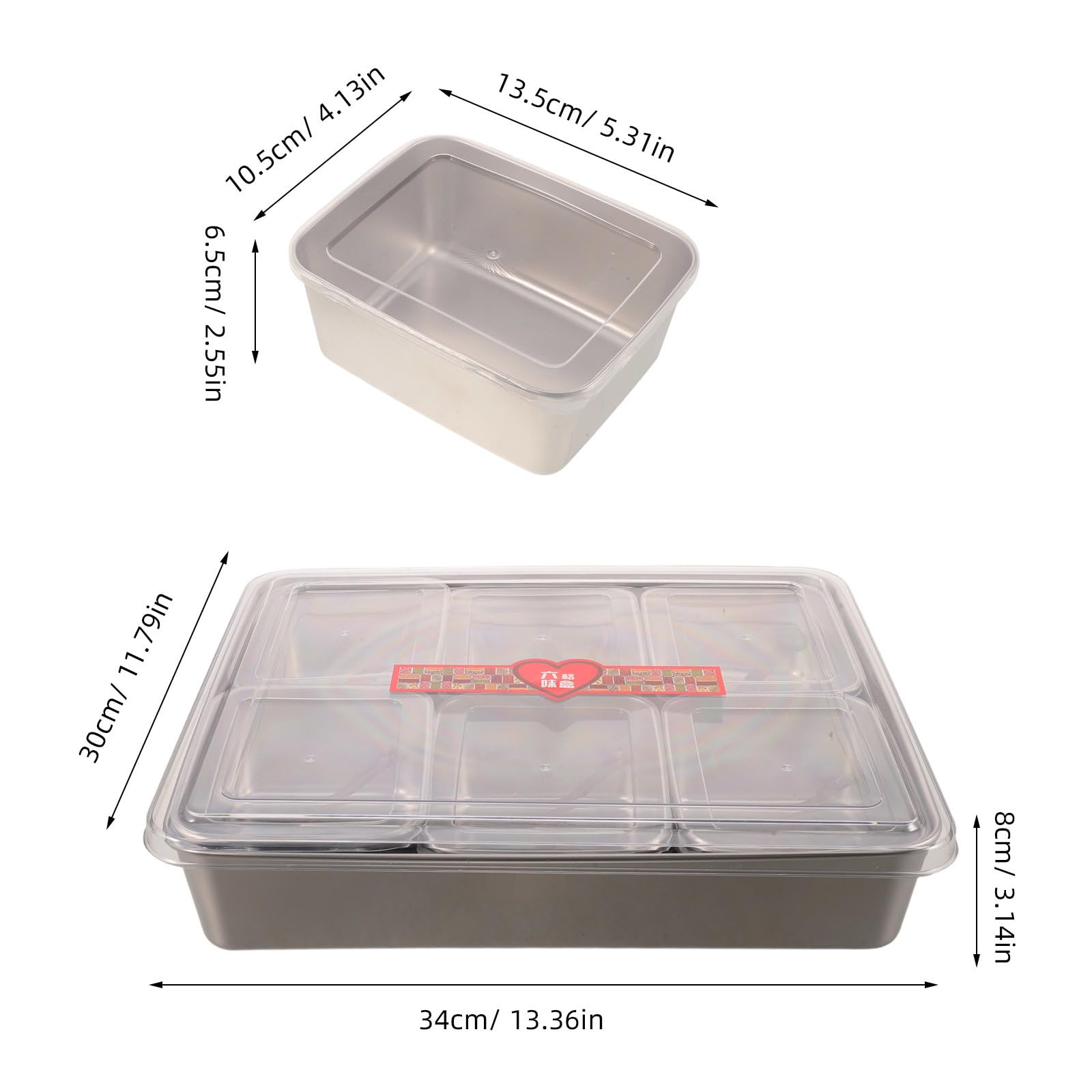 OUNONA 1 Set Snackbox mit 6 Fächern: Gewürzbehälter aus Edelstahl mit Deckel und 6 Löffeln für Obstgerichte und gekühlte Garnituren, 34 x 30,5 x 8,1 cm