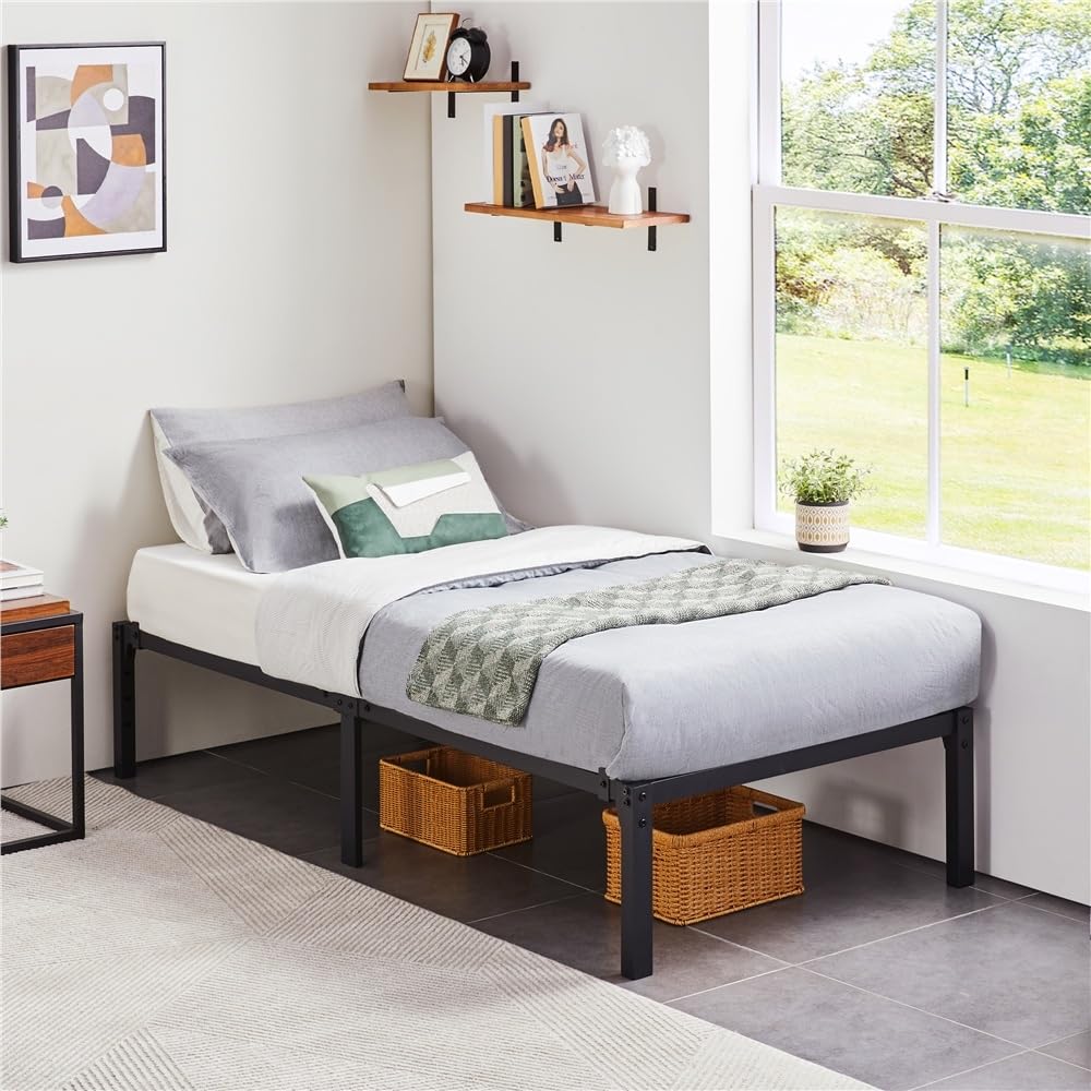 Yaheetech Lit Simple 90x200x36cm avec Sommier en Métal Charge 204 kg Noir | Cadre de Lit 1 place pour Adultes Petit Espace Structure Renforcée Assemblage Simple avec Espace de Rangement pour Chambre