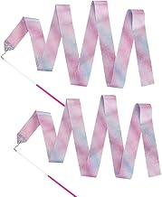 2 x Dance Tapes, 2 m Gymnastics Rhythmic Dance Ribbons Twisting Stick for Performance, Children's Gymnastic Ribbon, Rainbow and Pink, Suitable for Artistic Dance Training