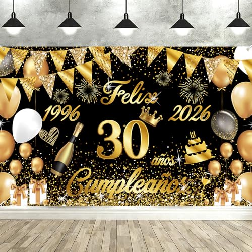 Pancarta feliz aniversário 30 anos 1996-2026, Seutgjie Happy Birthday decoração para mulher homem para festa de aniversário 30 ouro preto 180 x 110 cm