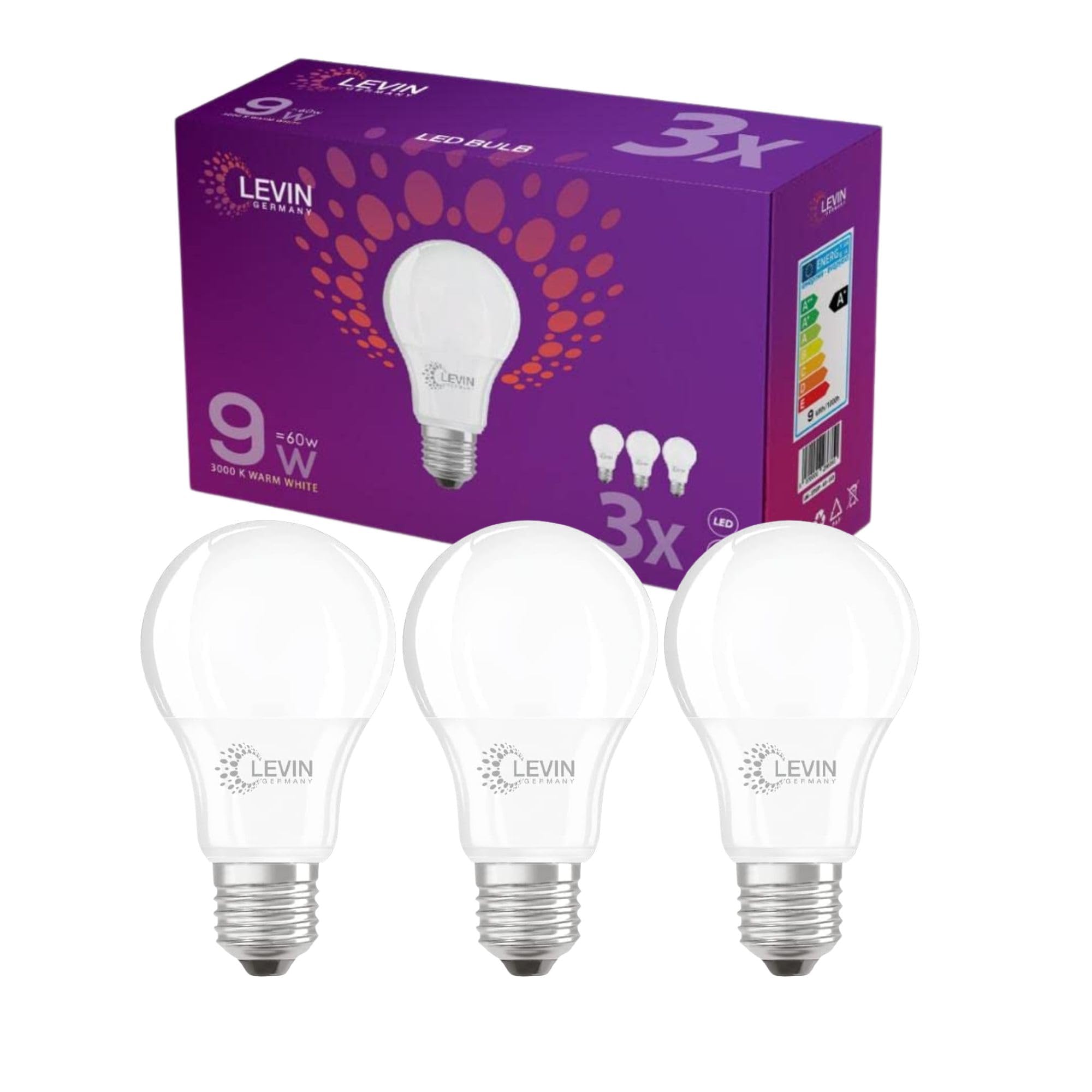 Germany LED Bulb 9W E27 – 3000K Warm White | 60W Equivalent | Energy Saving A+ | 20000h Lifetime | 95 Lm/W | No UV or Mercury | CRI > 80 | Pack of 3 | 2-Year Warranty