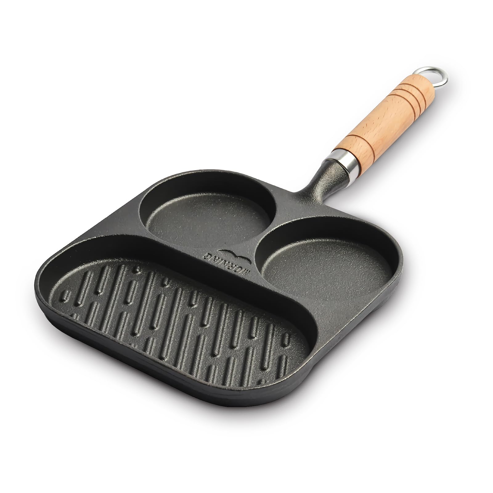 Egg Frying Pan, Pancake Omelette Pan, Square Divided Nonstick Egg Frying Pan with Solid Wood Handle, Kitchen Cooking Tool for Indoor Cooking & Outdoor Grilling, Burger Pan for Breakfast (Twill)