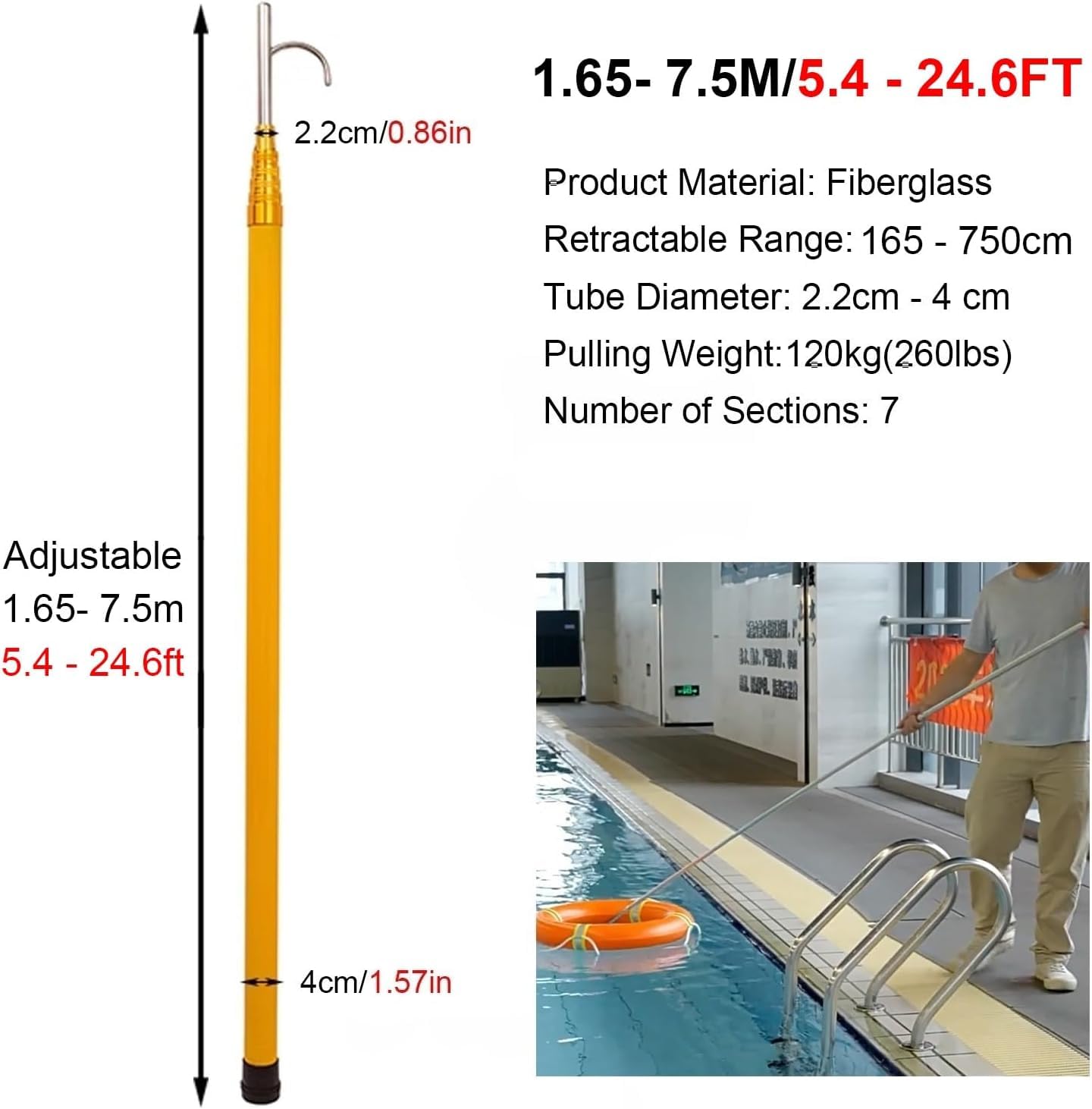 Palo di Salvataggio, Asta telescopica di Salvataggio in Acqua con Gancio - Asta di Salvataggio in Fibra di Vetro con Ganci in Acciaio Inossidabile, Attrezzatura di Estensione Nautica per Bar