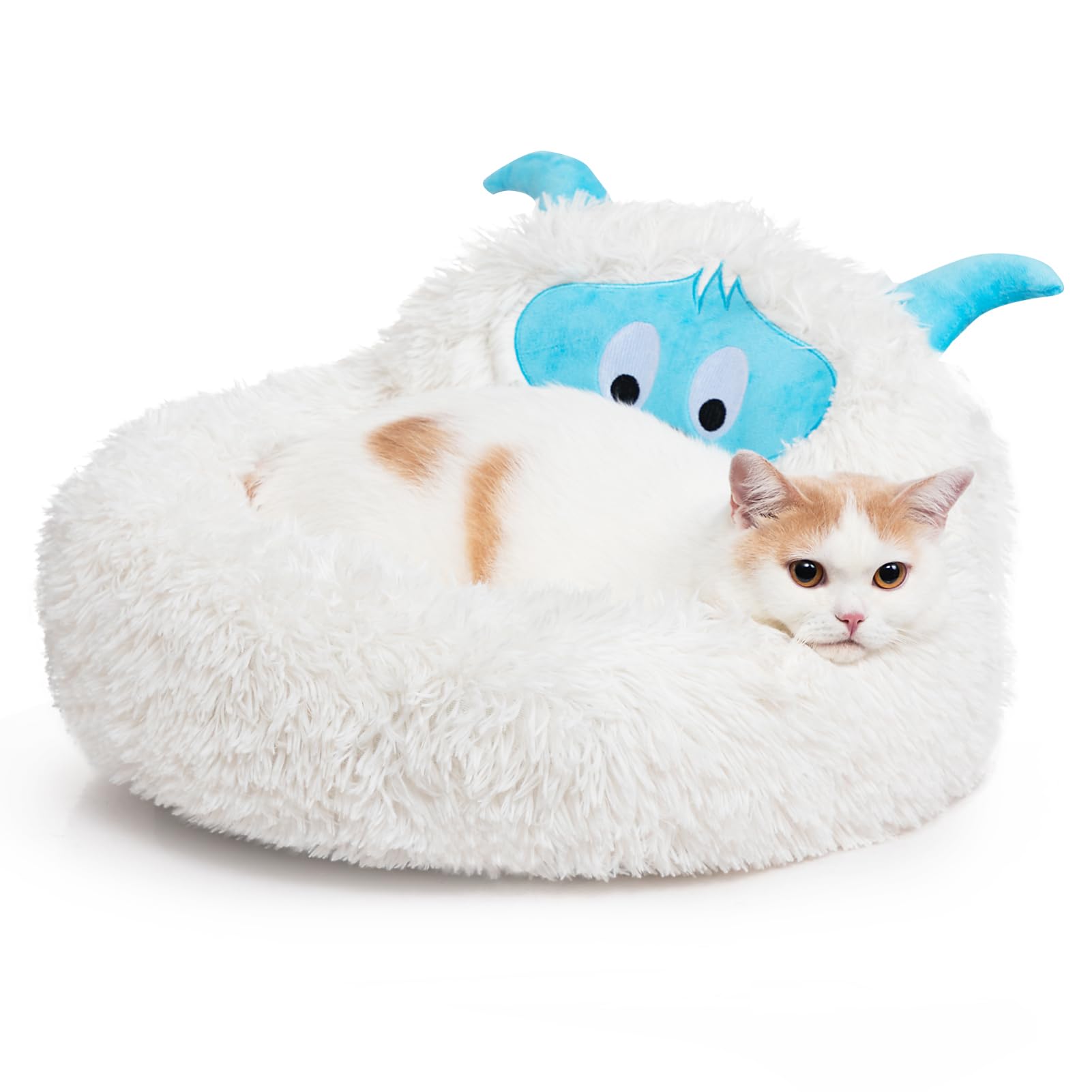 Hollypet Self-Warming Donut Pet Bed Luxury Cozy Nest Monster Sleeping Bed Round Faux Fur Bed for Cats, White