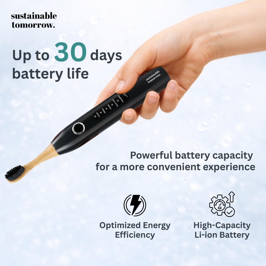 Sustainable Tomorrow Zen Bamboo Spazzolino da denti elettrico per adulti, modello wireless onice, ricaricabile con setole morbide a base vegetale, teste in bambù, 5 modalità e batteria a lunga durata