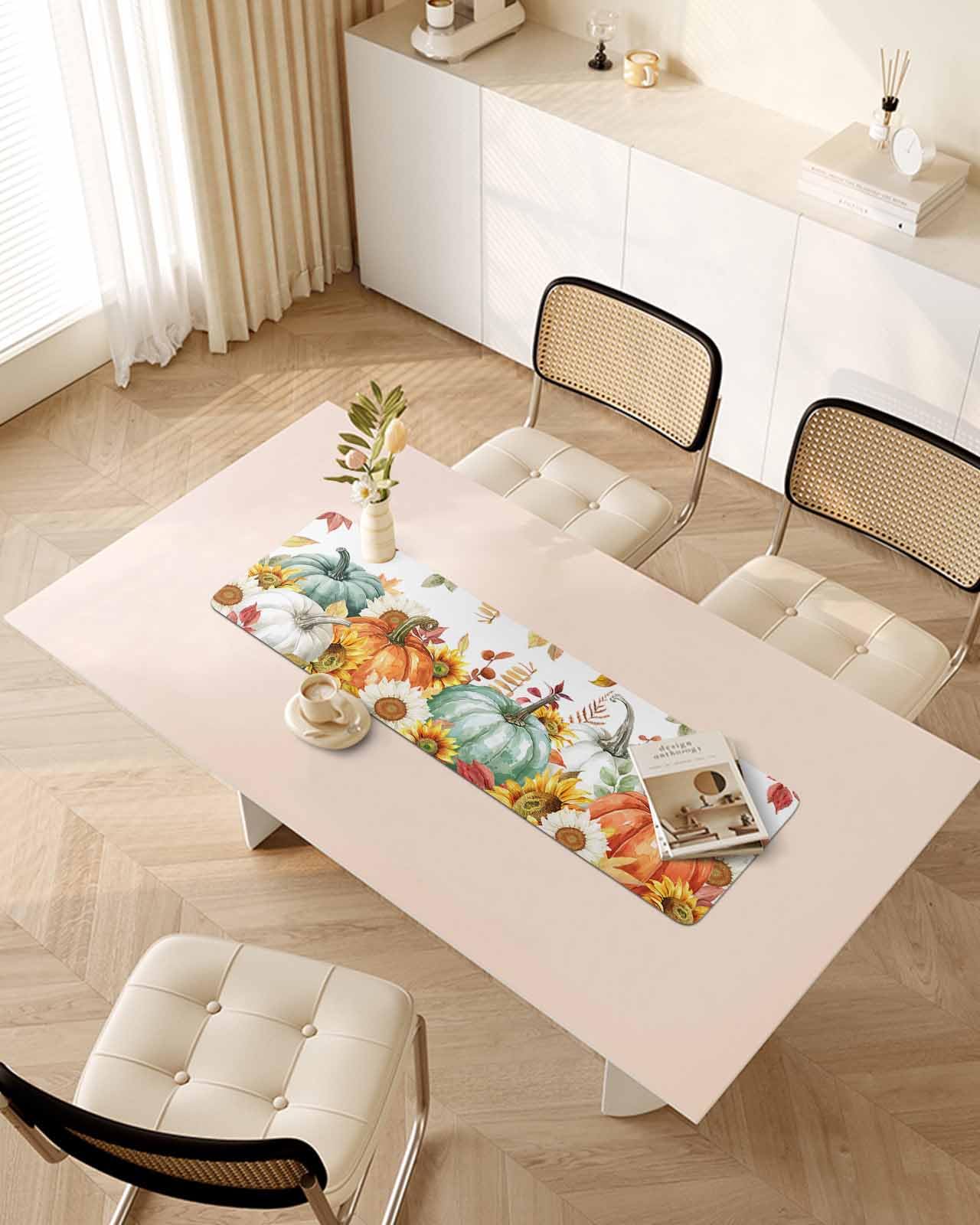 Debedcor Heat Proof Table Pads Waterproof Decorative, Thanksgiving Pumpkin Non-Slip Table Countertop Protector, Fall Watercolor Sunflower Leaves Insulation Mat for Kitchen Room, 40 x 12 Inches