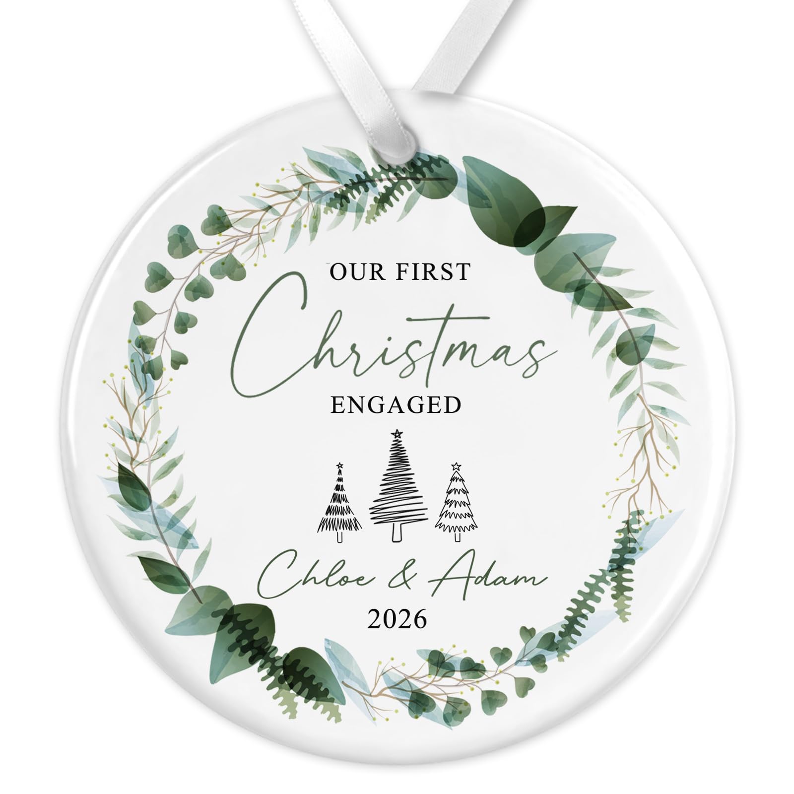 Personalised Engagement Bauble | First Christmas Engaged Bauble | 1st Christmas Engaged Gift | Our First Christmas Engagement Keepsake 2026 (Floral Wreath)
