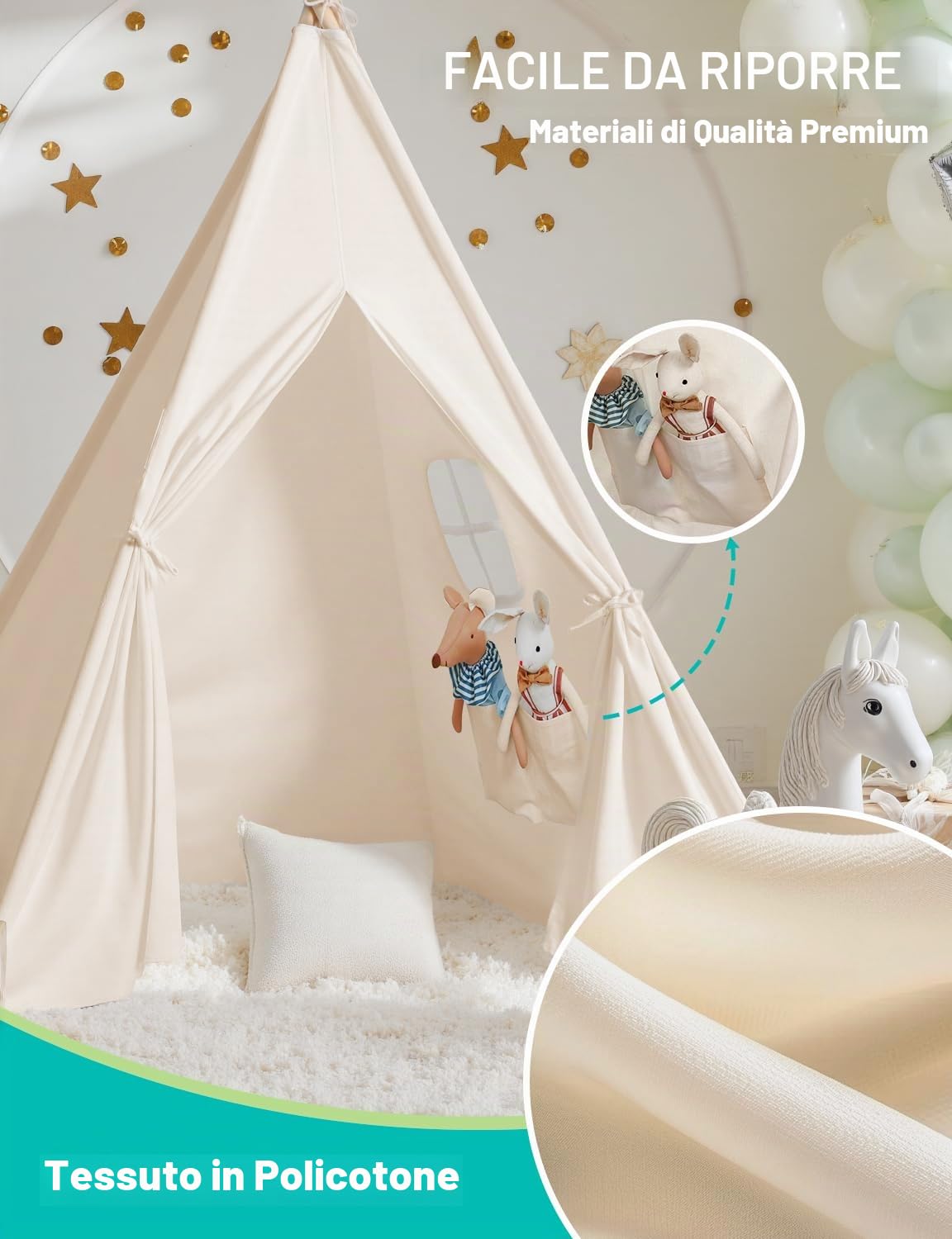 Tenda per bambini Wilwolfer con borsa per il trasporto, tenda in tela per bambini,