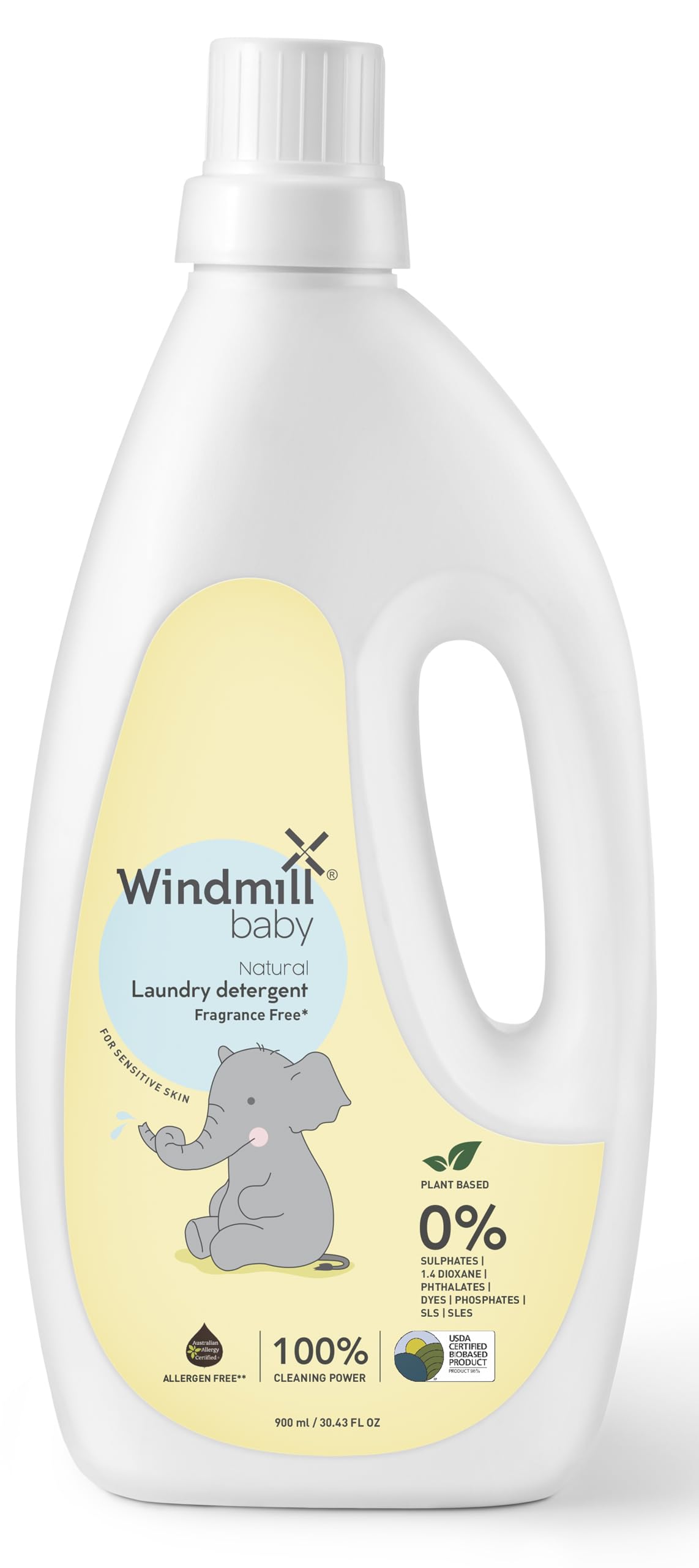 Windmill baby Hypoallergenic & Sensitive Laundry Detergent, USDA Certified Natural, for Newborns and Sensitive Skin, Powered by Bio-Enzymes, Fragrance Free - 900ml