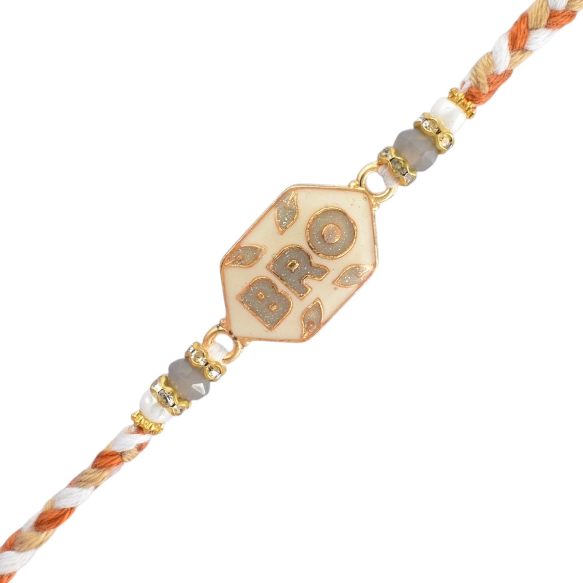 Stylish BRO Enamel Charm Rakhi|Handmade Braided Thread with Crystal and White Pearl Beaded Bracelet Rakhi for Rakshabandhan Brother Bhai Bhaiya with Roli, Chawal and card-03-image-40