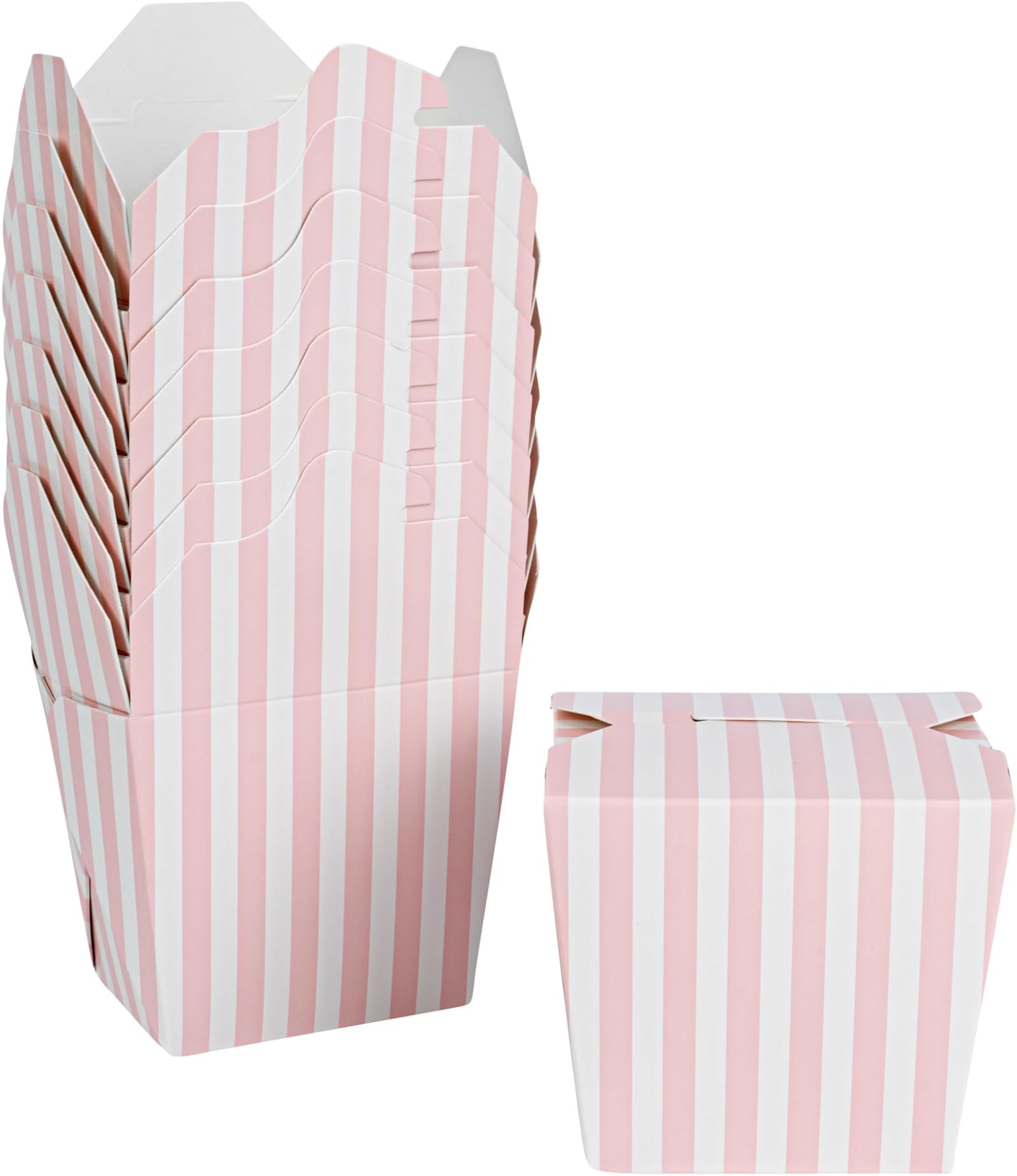Bio Tek 3.6 x 3 x 3.3 Inch Food Containers, 50 Noodle Takeaway Boxes - Disposable, Striped, Pink And White Paper 16 Ounce Take Out Boxes, Rectangle, For Hot Or Cold Foods - Restaurantware