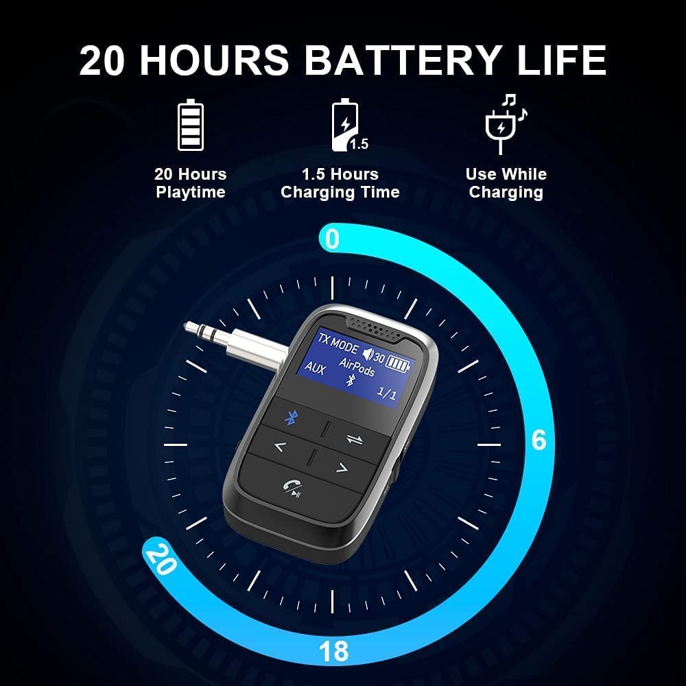 Adapter Bluetooth 2 w 1, odbiornik Bluetooth 5.0, z gniazdem 3,5 mm, z akumulatorem Aux, bezprzewodowy, z czasem pracy baterii 20 godzin do telewizora, słuchawek, samolotu, komputera