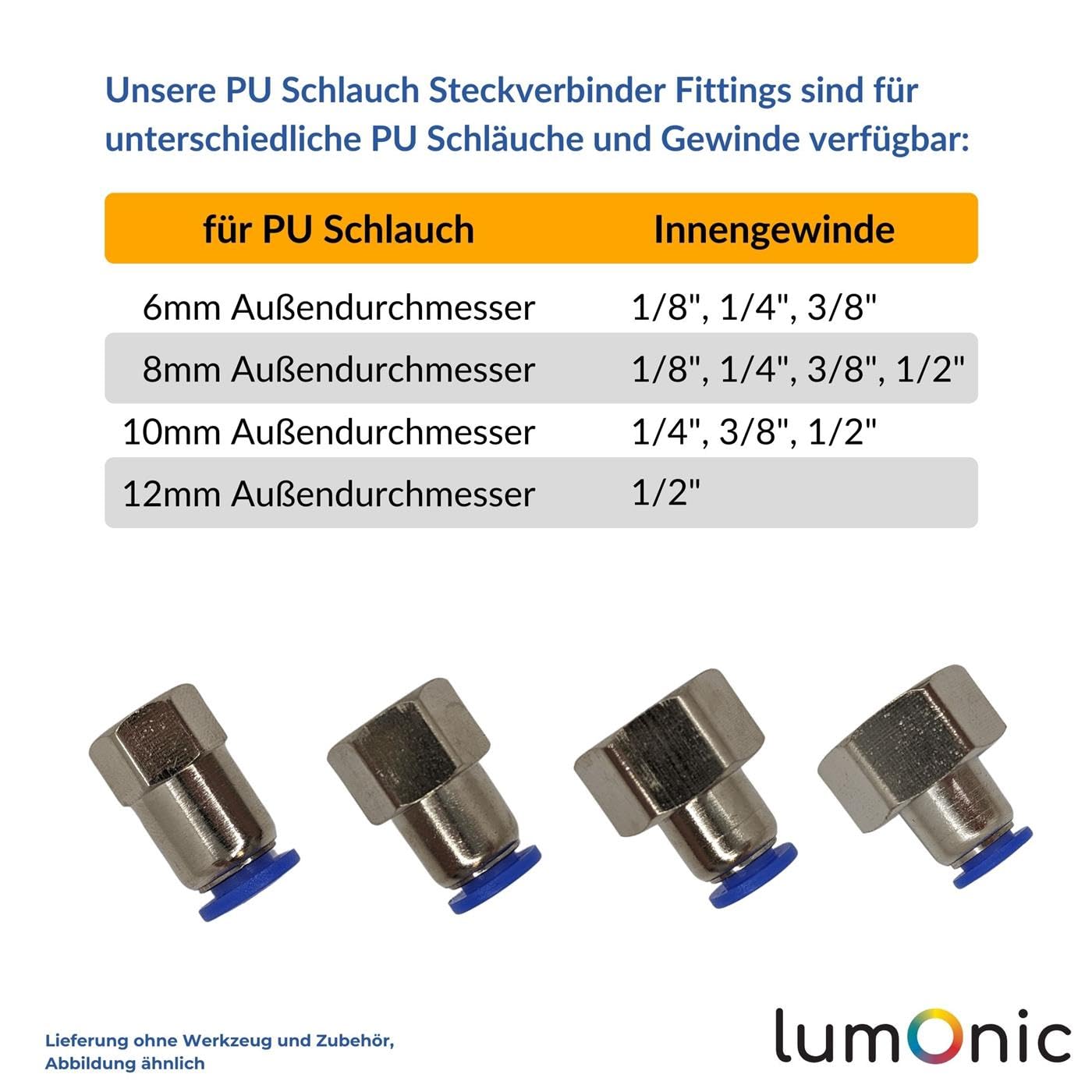 Lumonic 20x I Racor de conexión de manguera de PU con rosca hembra I 10mm*1/2inch I recto I Cierre rápido I Conector neumático I Conector de manguera I Aire comprimido