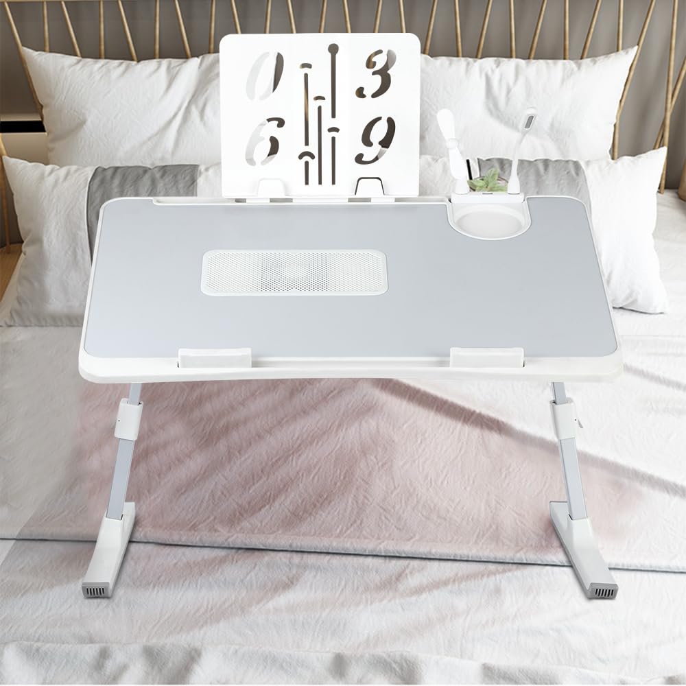 Huole - Mesa de cama, con 5 ángulos ajustables, para sofá, estudio, lectura y escritura, para ordenadores portátiles de hasta 17 pulgadas, Lapdesk plegable, -60 x 40 x 26 – 39 cm, color gris