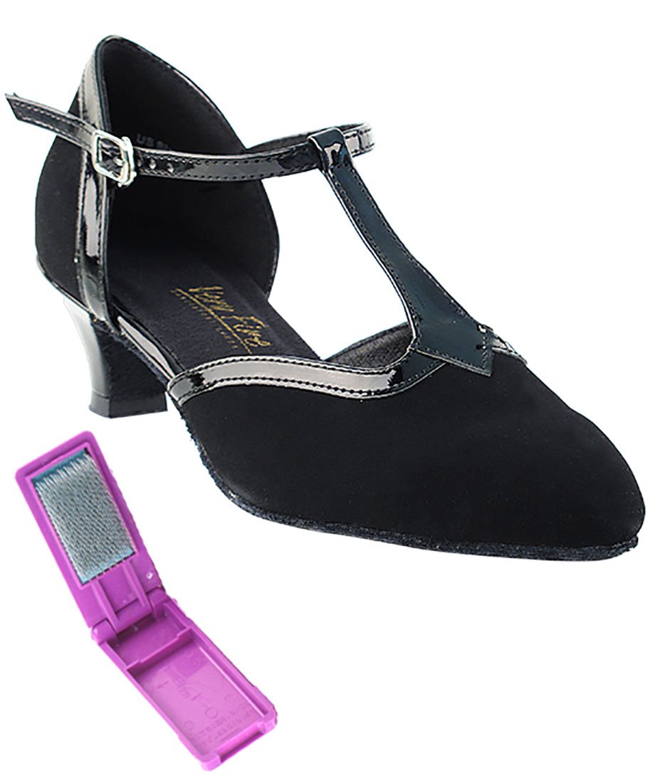 Very Fine Dance Shoes - Ladies Practice, Cuban Low Heel, Waltz Ballroom Dance Shoes - 9627-1.3-inch Heel and Foldable Brush Bundle - Black Nubuck - Black Trim - 7.5