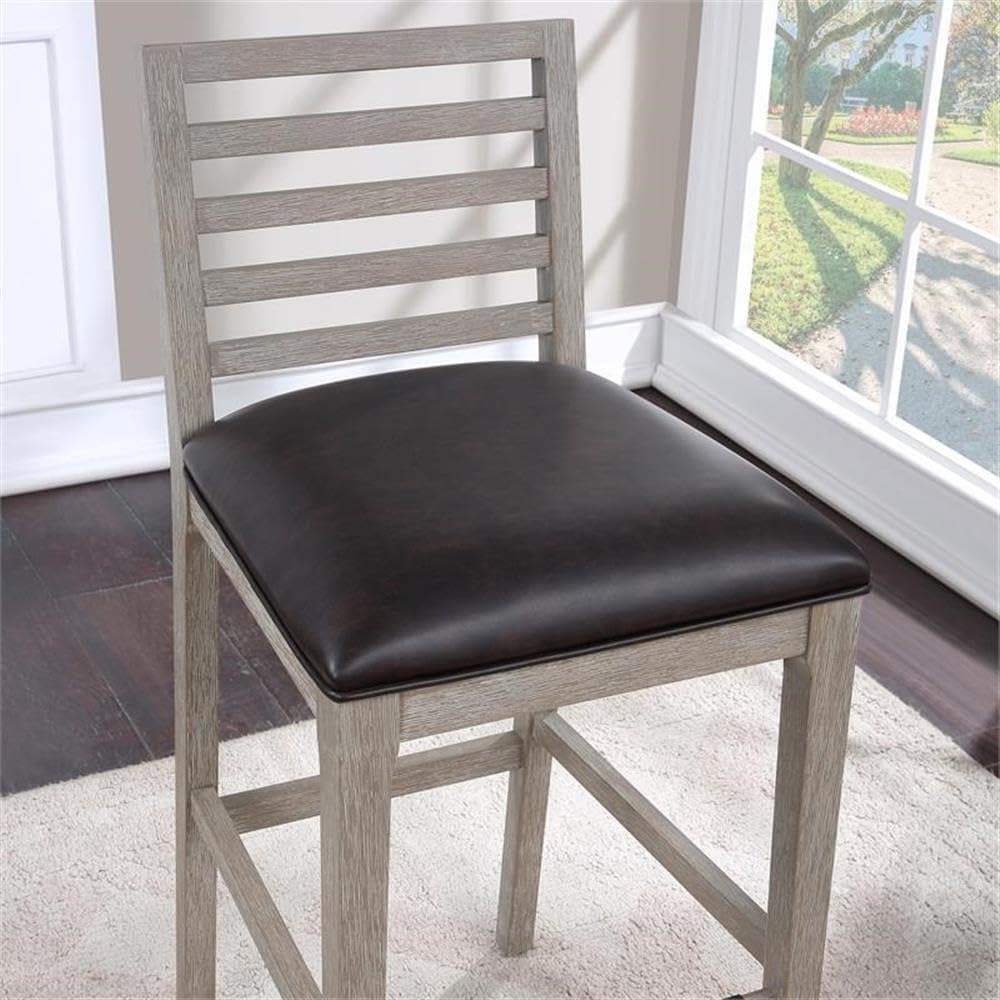 BOWERY HILL Solid Wood Bar Stool, Driftwood Gray Frame, Brown Bonded Leather Upholstered Seat, Metal Kickplate, 30 in Seat Height, Comfortable Design for Kitchen, Bar, or Dining Room