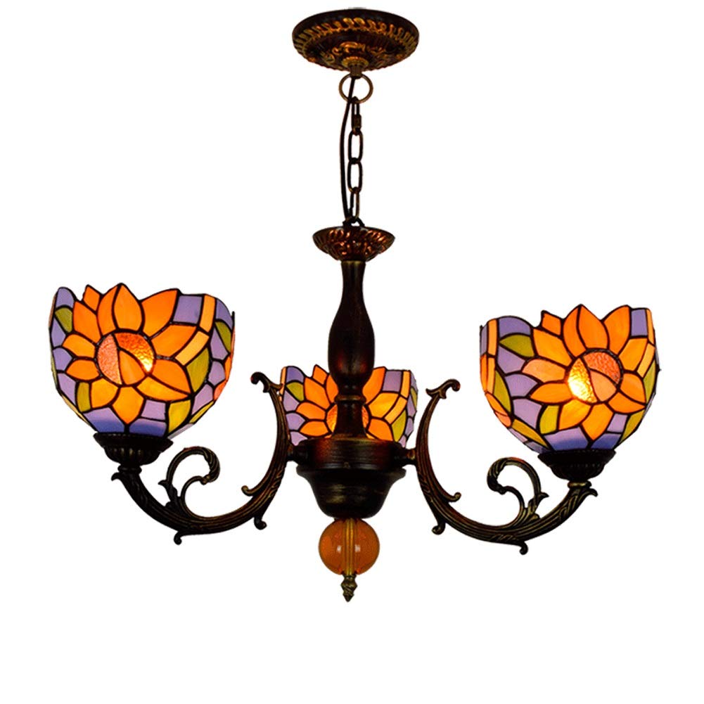 KXEcoLife Ceiling Pendant Light Fixture Tiffany Style Stained Glass Chandelier Blue Sun Flower Lamp Shades 3 Arms with Inverted