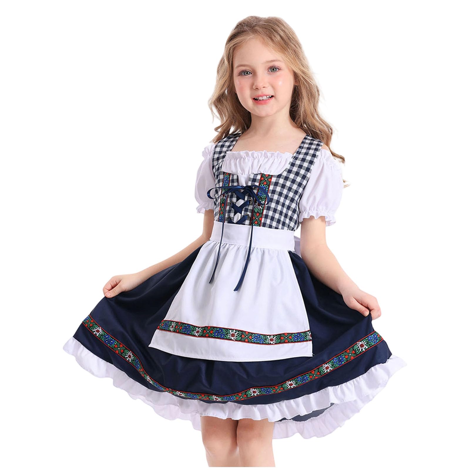 Child German Traditional Bavarian Dresses Ethnic Beer Festival Outfit Girls Checked Puff Sleeve Dress Floral Trim Apron 2pcs Princess Girl Festival Costume Fancy Dress For Carnival Halloween Party