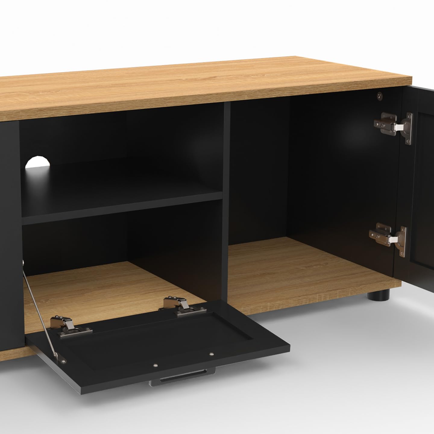 IDMarket - Mueble TV VITO con cajón y hornacina negros y tapa de madera de 110 cm