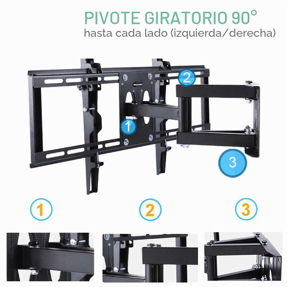 UNHO Soporte TV Pared Esquina, Soporte TV 32"-65" LED/LCD/Plasma - Soporte Televisión Articulado para Esquina - Inclinable y Giratorio - Carga hasta 35kg - VESA 600x400 - con Nivel de Burbuja