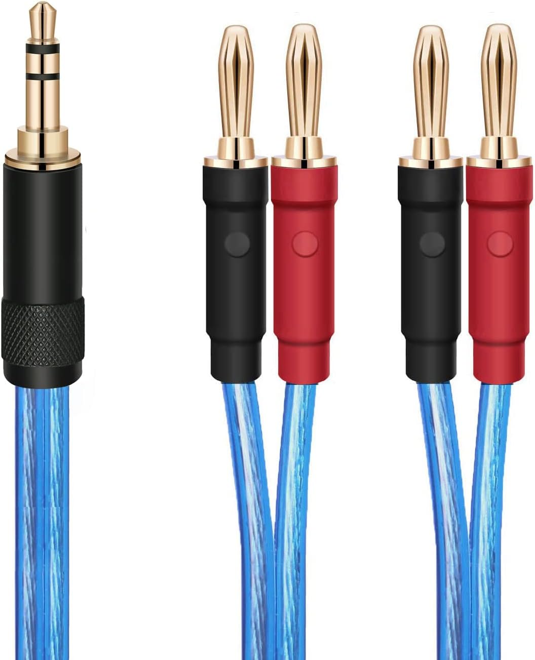 3.5mm Banana Speaker Wire Cable Banana to 3.5mm Adapter Cable Gold Plated Banana Tips 2x100 AWG 3.5mm Stereo Male Jack to 4 x Banana Plug Speaker Cable Audio Extension Cord 3.28ft Blue
