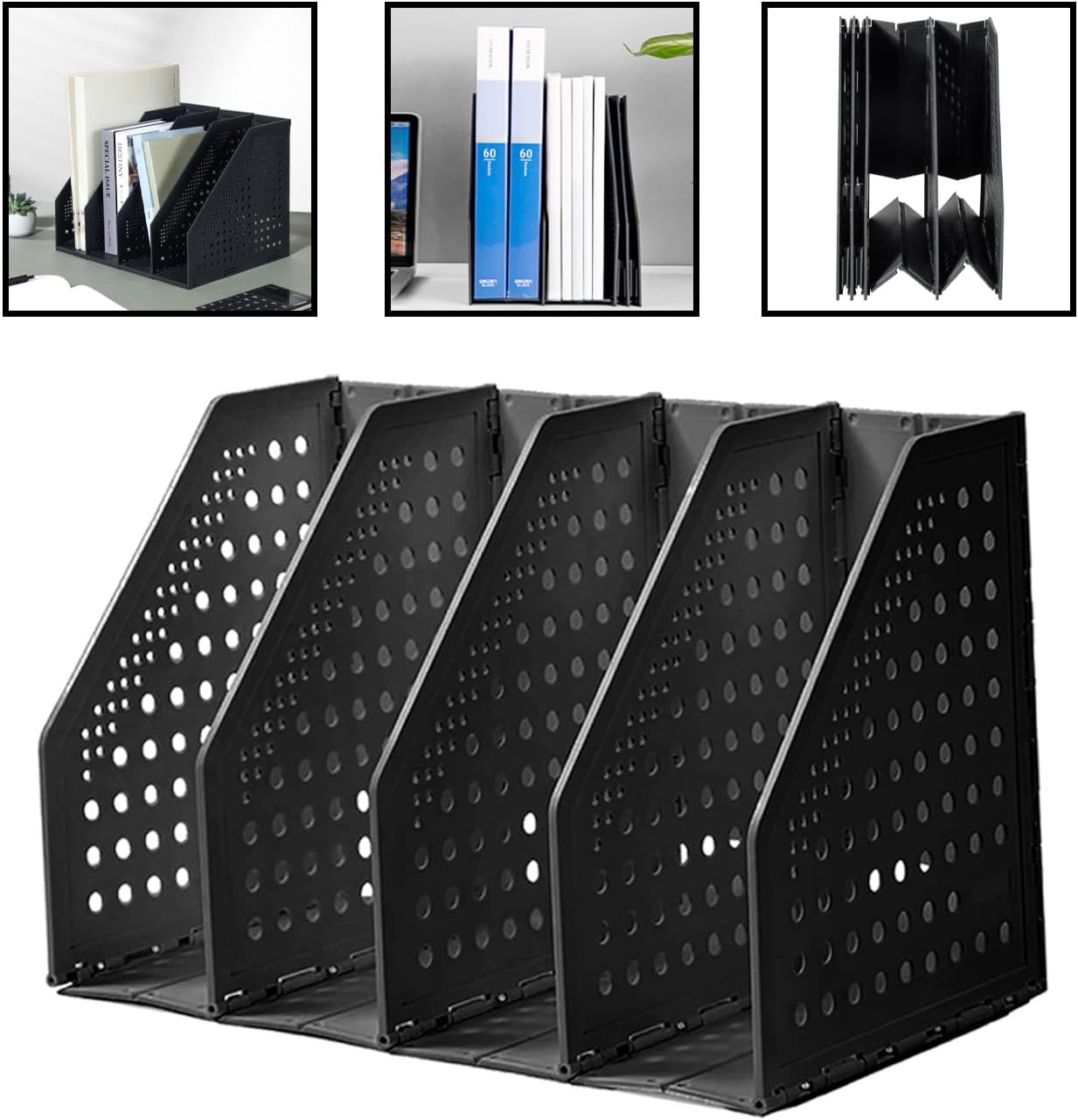 deli 2 Pack 4 Vertical Compartment Binder Holder for Desk Organizer Collapsible Magazine File Holder Adjustable Sturdy Binder Storage Organizer for Office School Home-Black