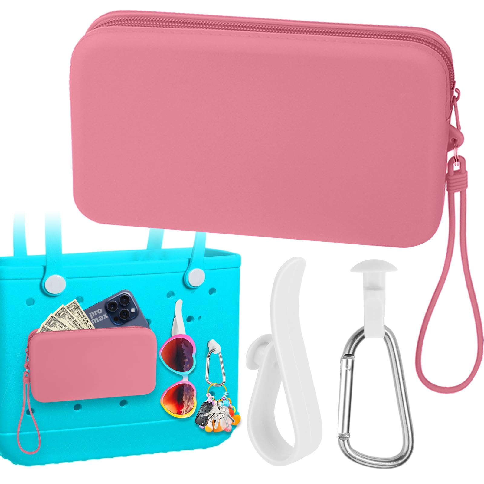 Mity rain Silicone Bag for Bogg Bag Phone Holder, Accessories Set for Bogg Bag Contain 2PCS Key Holder and a Large Capacity Silicone Zipper Bag Organizer for Beach Bags Tote Bag M (Cherry pink)