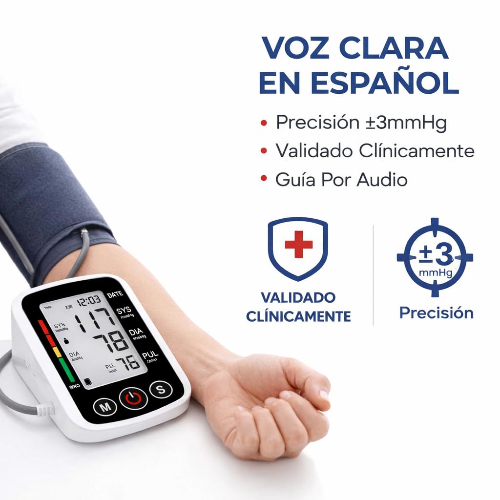 Tensiometro de Brazo | Medidor de Frecuencia Cardiaca y Pulso | Pantalla LCD, Facil de Leer el Resultado | Indicador Por Voz en Español | Memoria de Datos | Brazalete Ajustable 22-36 cms