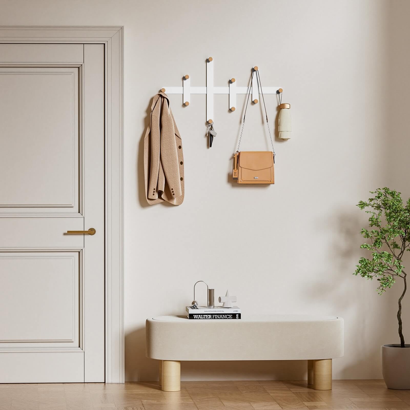 Perchero de pared de metal – negro moderno diseño minimalista – Perchero con 10 ganchos de madera para entrada, salón, dormitorio, oficina (Blanco)