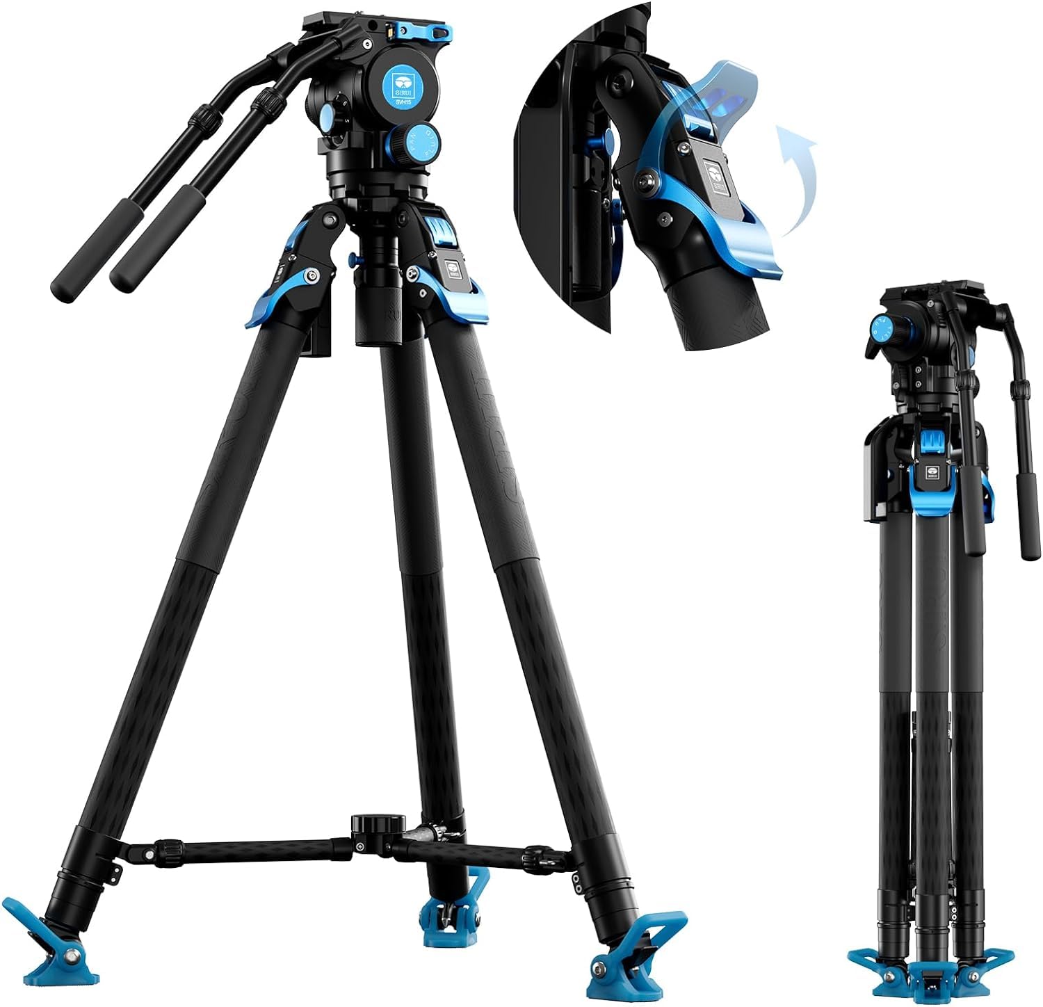 SIRUI SVT75 Pro+​SVH15 Kit Trépied Vidéo en Fibre de Carbone, Kit Trépied Vidéo de 153 cm avec Écarteur Central et Tête Fluide Hydraulique, Équilibrage 7+​0 Niveaux, 75mm Demi-​Sphère, Charge Max de 15kg