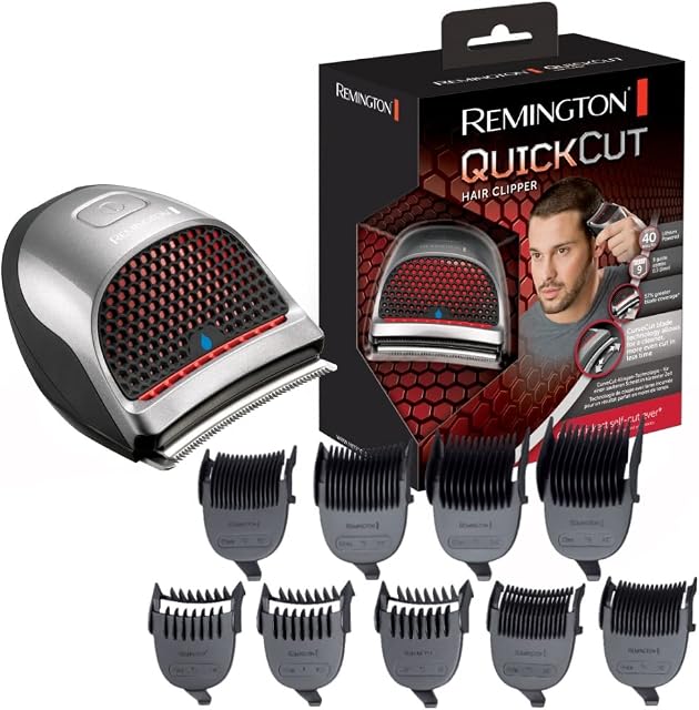 Remington Quick Cut Hair Clippers with 9 Comb Lengths Curved Blade for Rapid Hair Trimming Detailing with Storage Pouch - HC4250, Black/Red