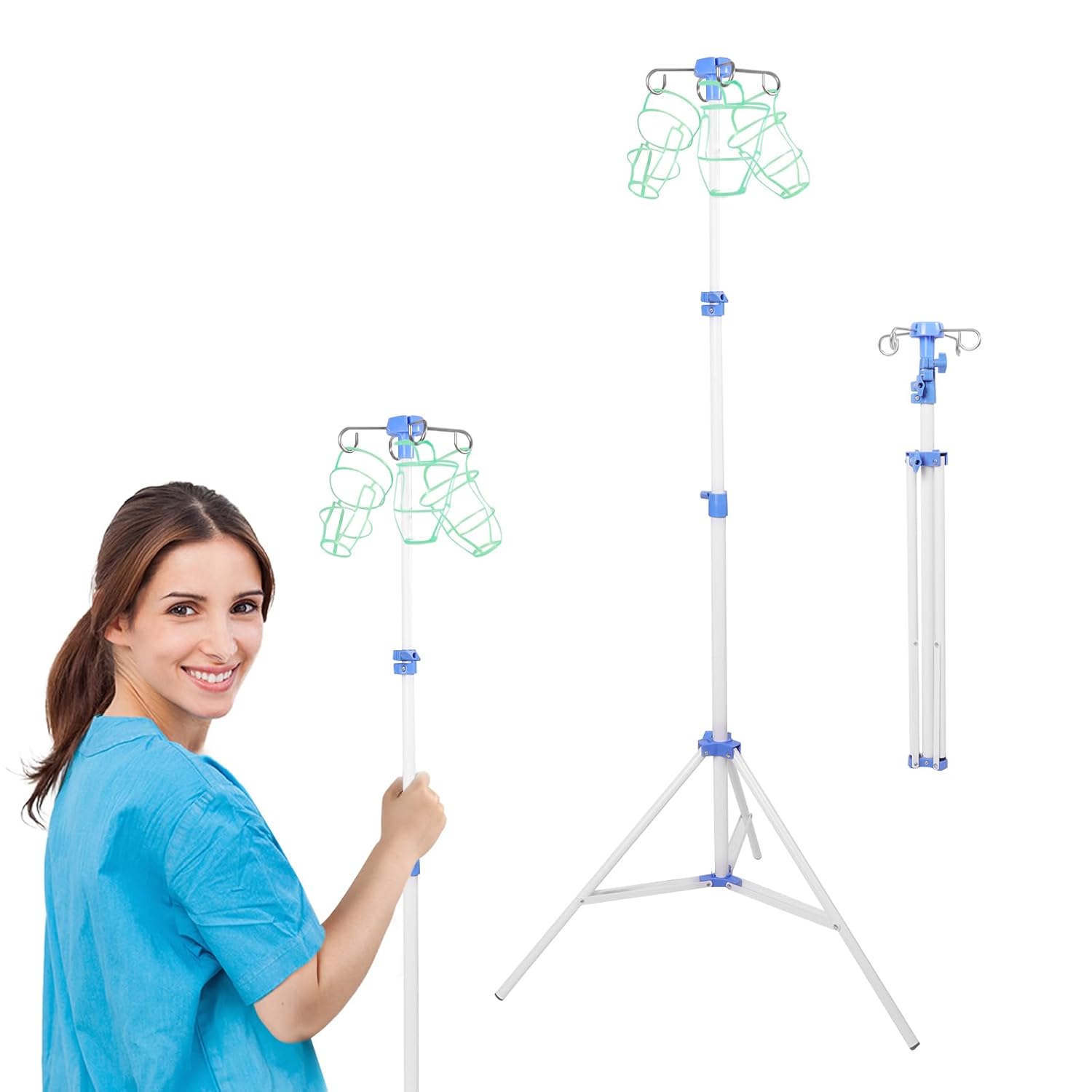 Foldable IV Pole Portable, Collapsible IV Pole Stand, Tripod IV Pole Stand Adjustable, 4 Hooks 3 Legs for Nursing Clinic Home Care Travel, Stable, WHITE1