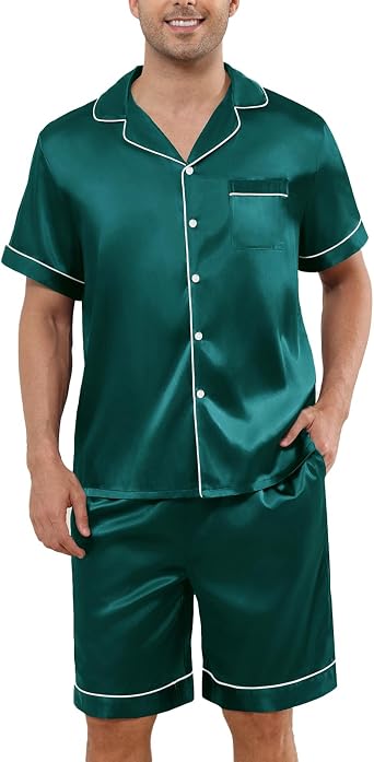 Veseacky Mens Silk Satin Pajamas Set Short Sleeve Sleepwear Button-Down Pjs Sets Two-Pieces Loungewear with Pockets S-XXL