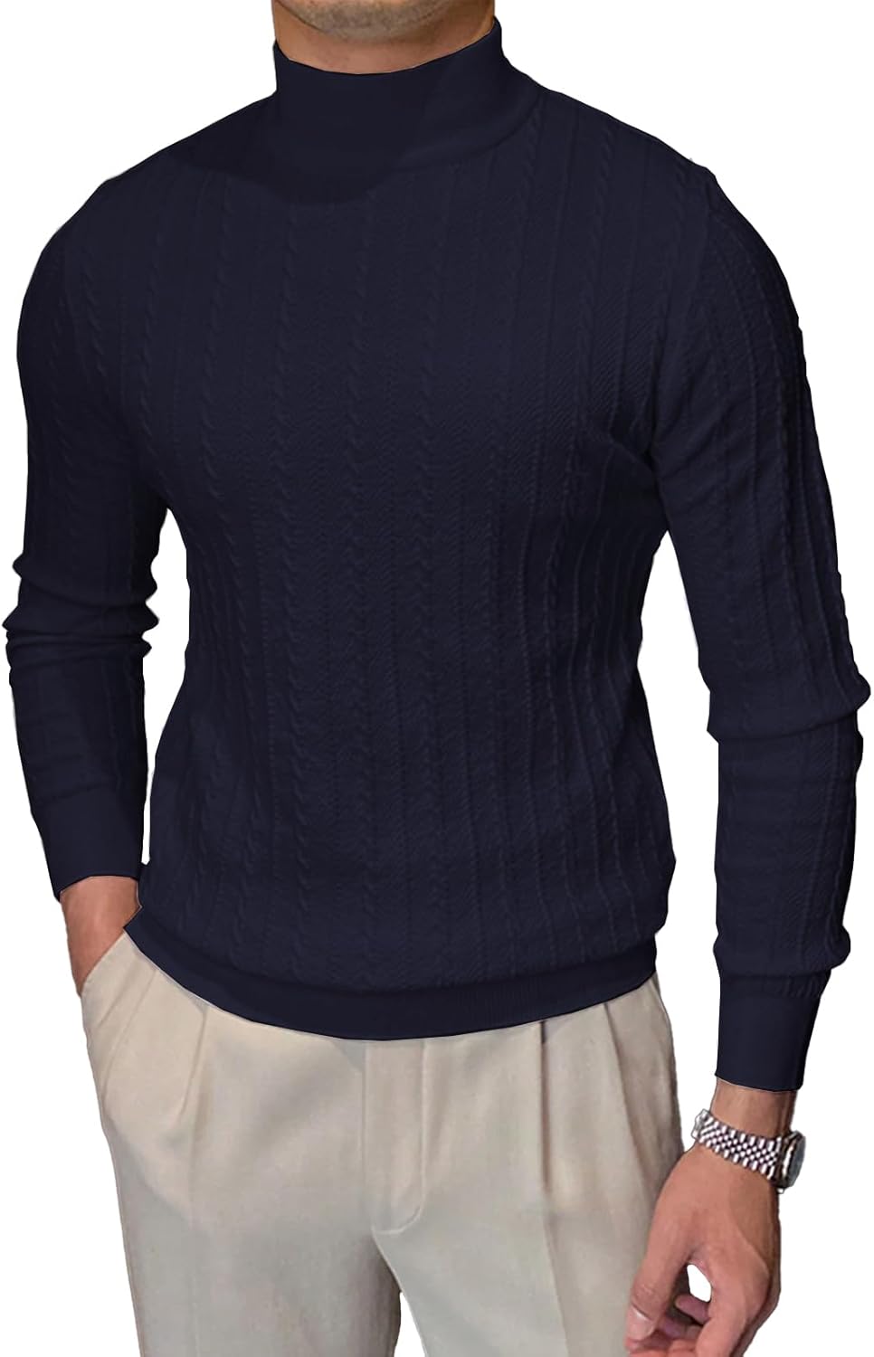 Men's Mockneck Sweaters Long Sleeve Slim Fit Casual Pullover Cable Knit Turtleneck Jumpers Sweaters - Image 3