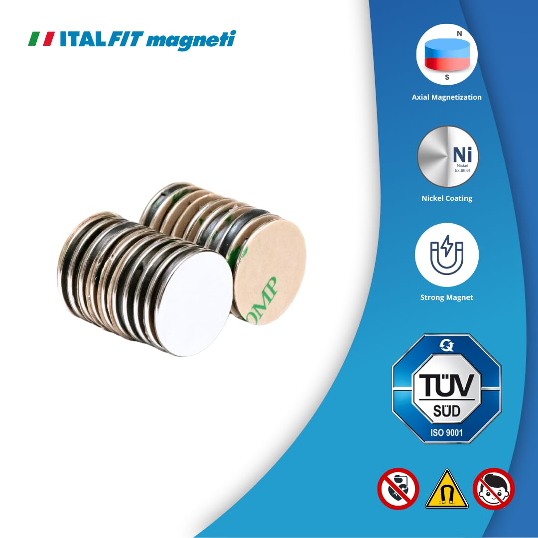 ITALFITMAGNETI 20 Pezzi Magneti Adesivi in Neodimio 20x1 mm – Calamite Rotonde Forti con Adesivo, Forza 0,70 Kg – Magneti Sottili Potenti per Casa, Ufficio, Artigianato e Fai da Te