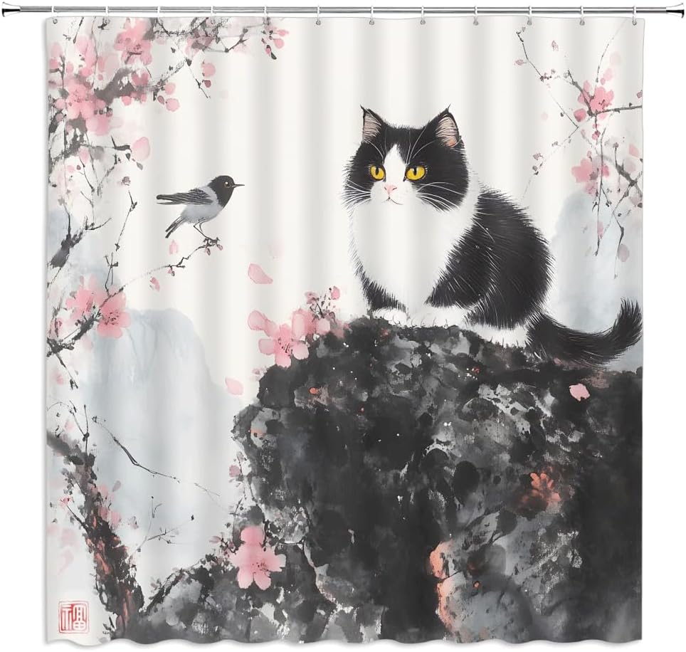 Japanese Style Shower Curtain Pink Cherry Blossom Mountain Cat Bird Rustic Asian Landscape Traditional Ink Painting Lovely Animal Fabric Bathroom Decor Curtains with Hooks,82 x 70