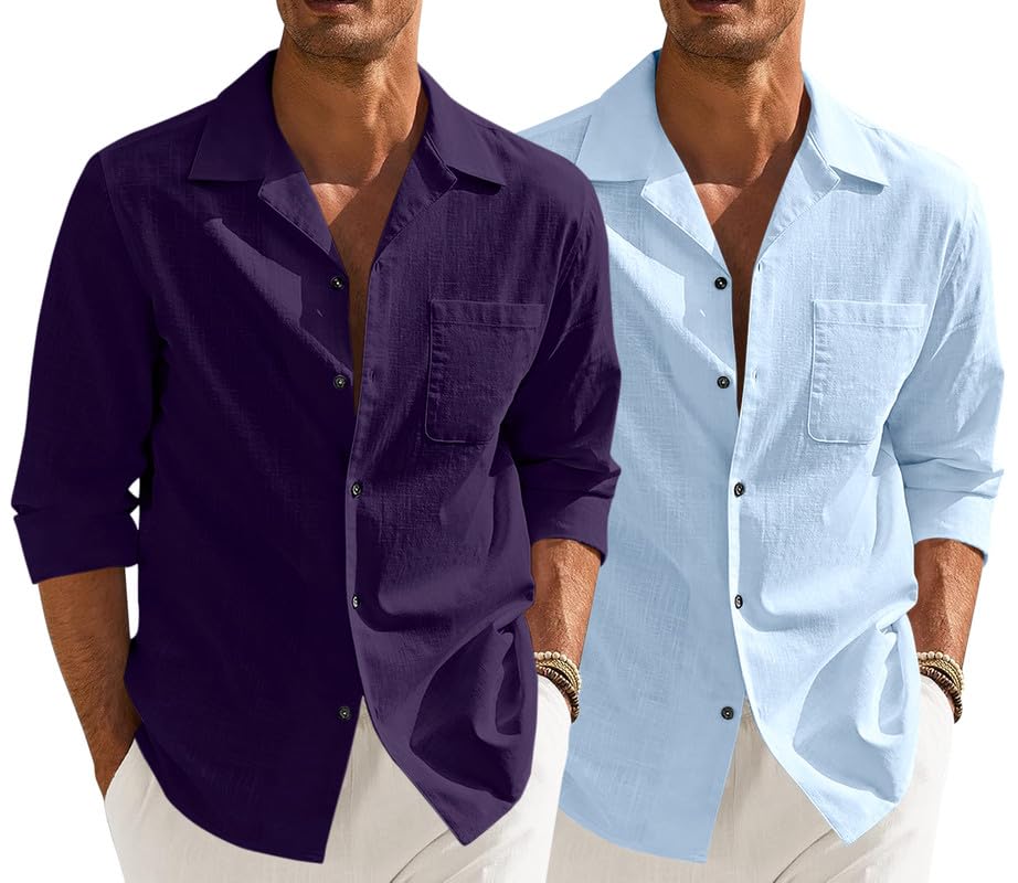 Image of Combo of Men's Casual Cotton Blend Shirt || Long Sleeve Button Down with Spread Collar | Lightweight Breathable Fabric | Stylish Solid Shirt for Beach, Office & Everyday Wear Pack of 2