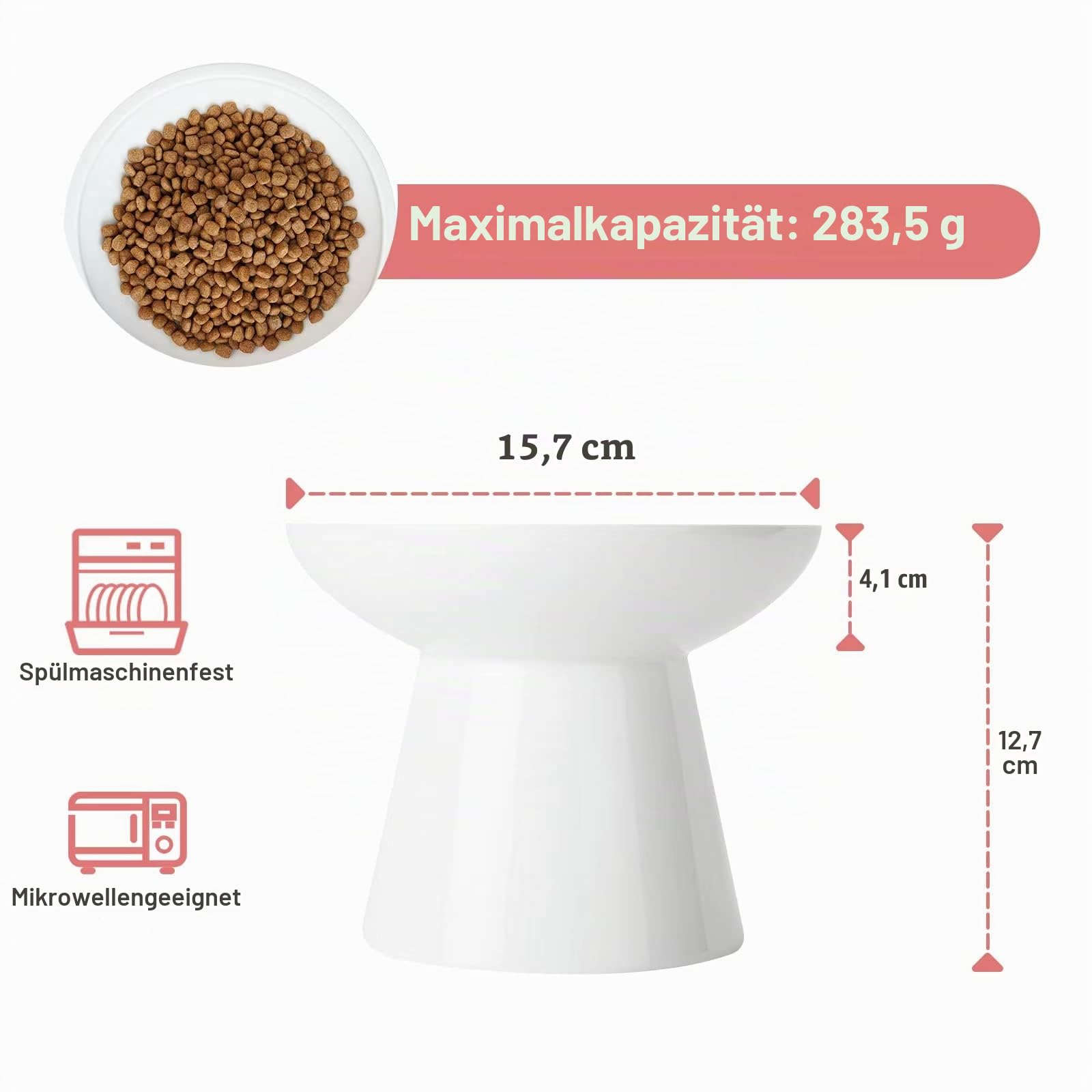 CEEFU Extra breite Katzennäpfe - keramischer Katzennapf 15,7cm Erhöhter Flacher Boden Katzennapf, Schnurrhaar-Ermüdung, blei- und kadmiumfrei, 12,7cm Gute Höhe für Katzenfütterung, weiß