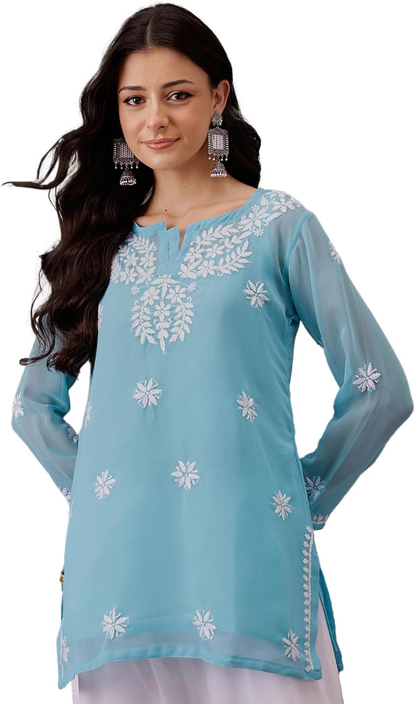 Ada Indian Hand Embroidered Chikankari Women's Georgette Kurti Top Tunic Shirt with inner A911300