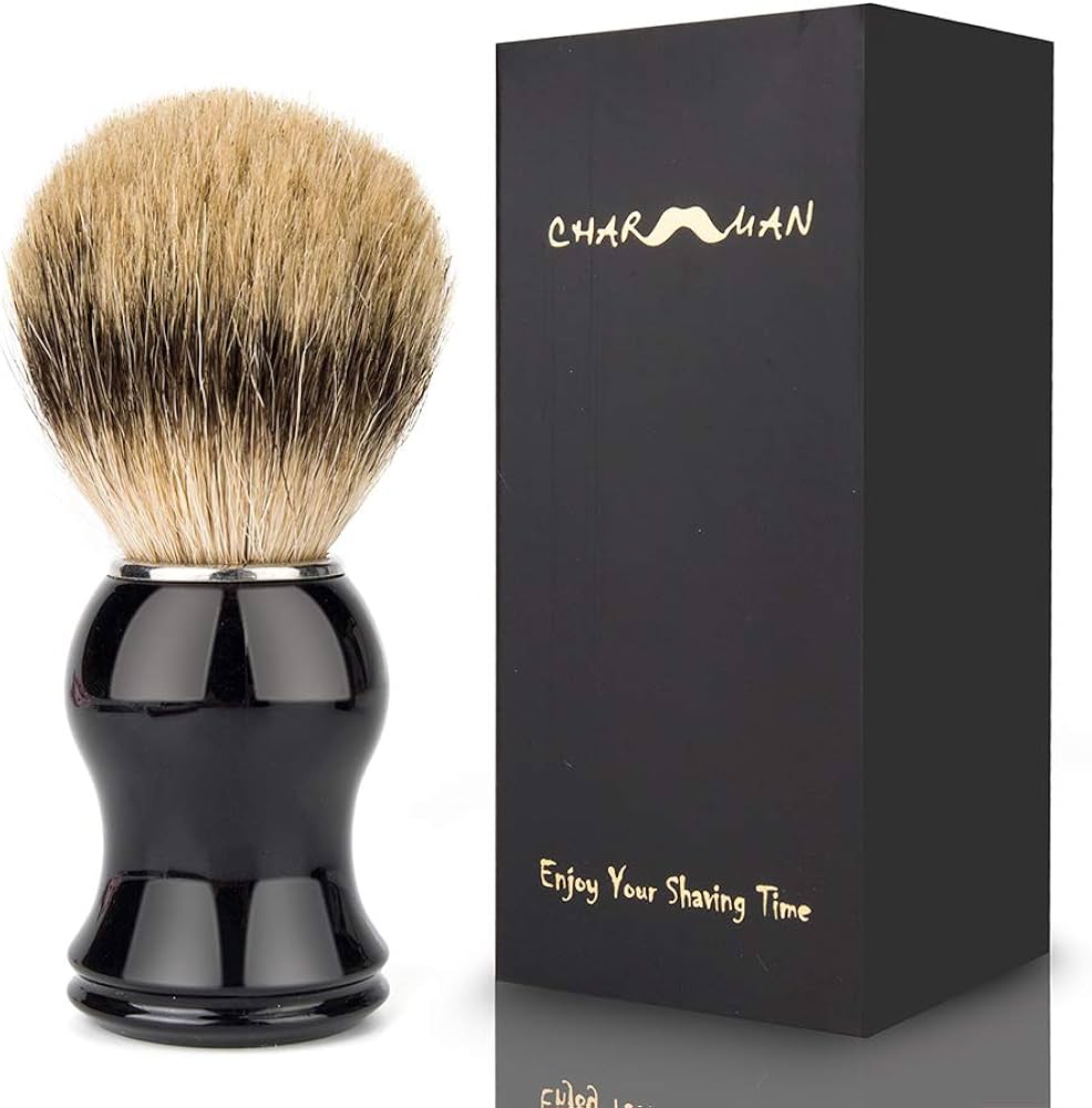 CHARMMANメンズ用アナグマ毛シェービングブラシ、ブラック樹脂ハンドル