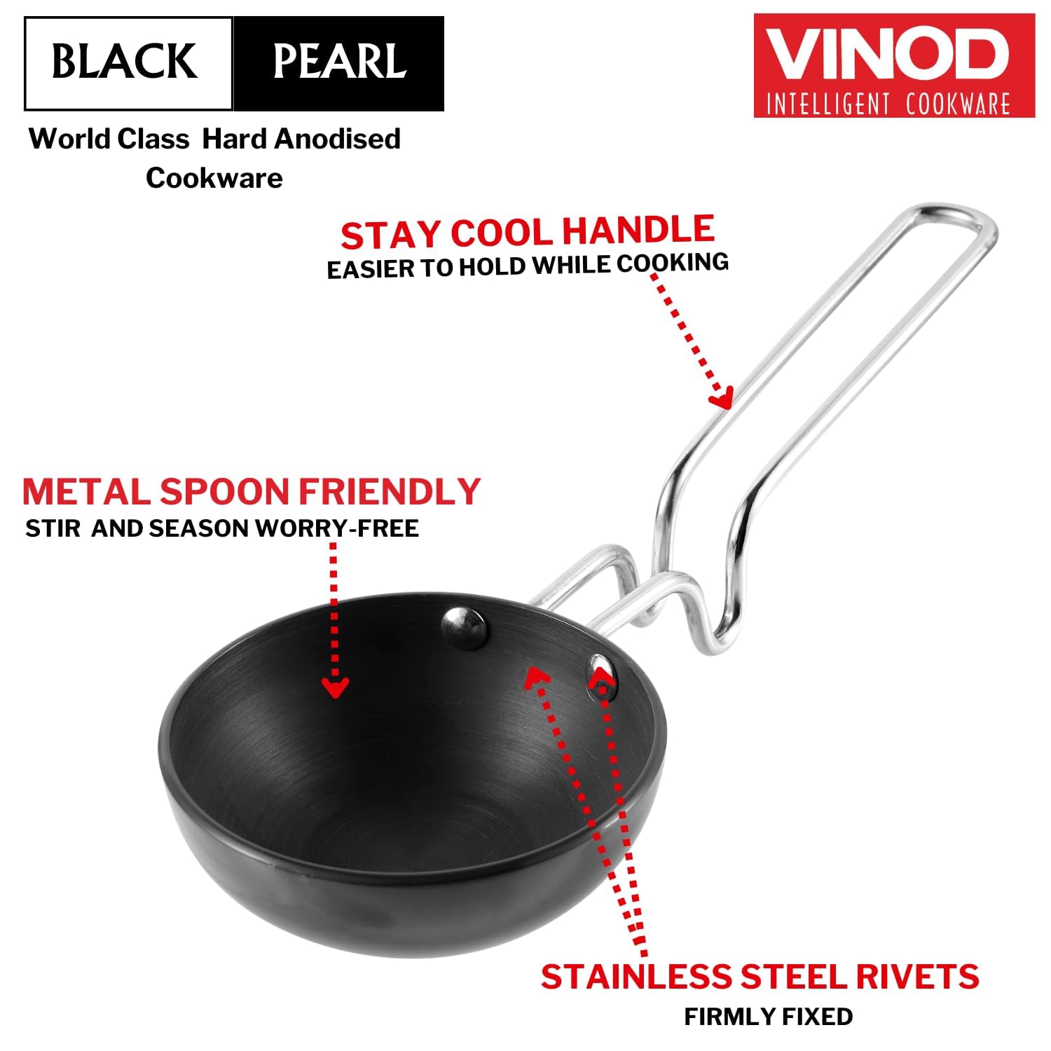 Vinod Black Pearl Hard Anodised Tadka Pan - Jumbo | 3.25mm Thickness | Natural Stick Resistant | Metal Spoon Friendly | Balance Design Handle | 2 Year Warranty - Black - Image 4 thumbnail