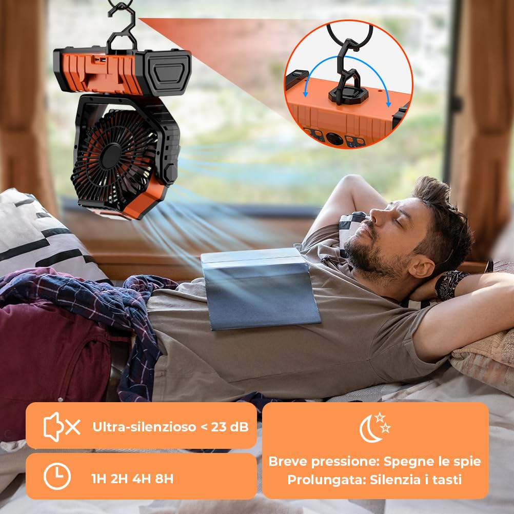 Ventilatore da Campeggio 20000mAh, Ventilatore Portatile Ricaricabile con Luce LED e Telecomando, 4 Velocità Regolabili con Gancio 360° per Tenda, Viaggi