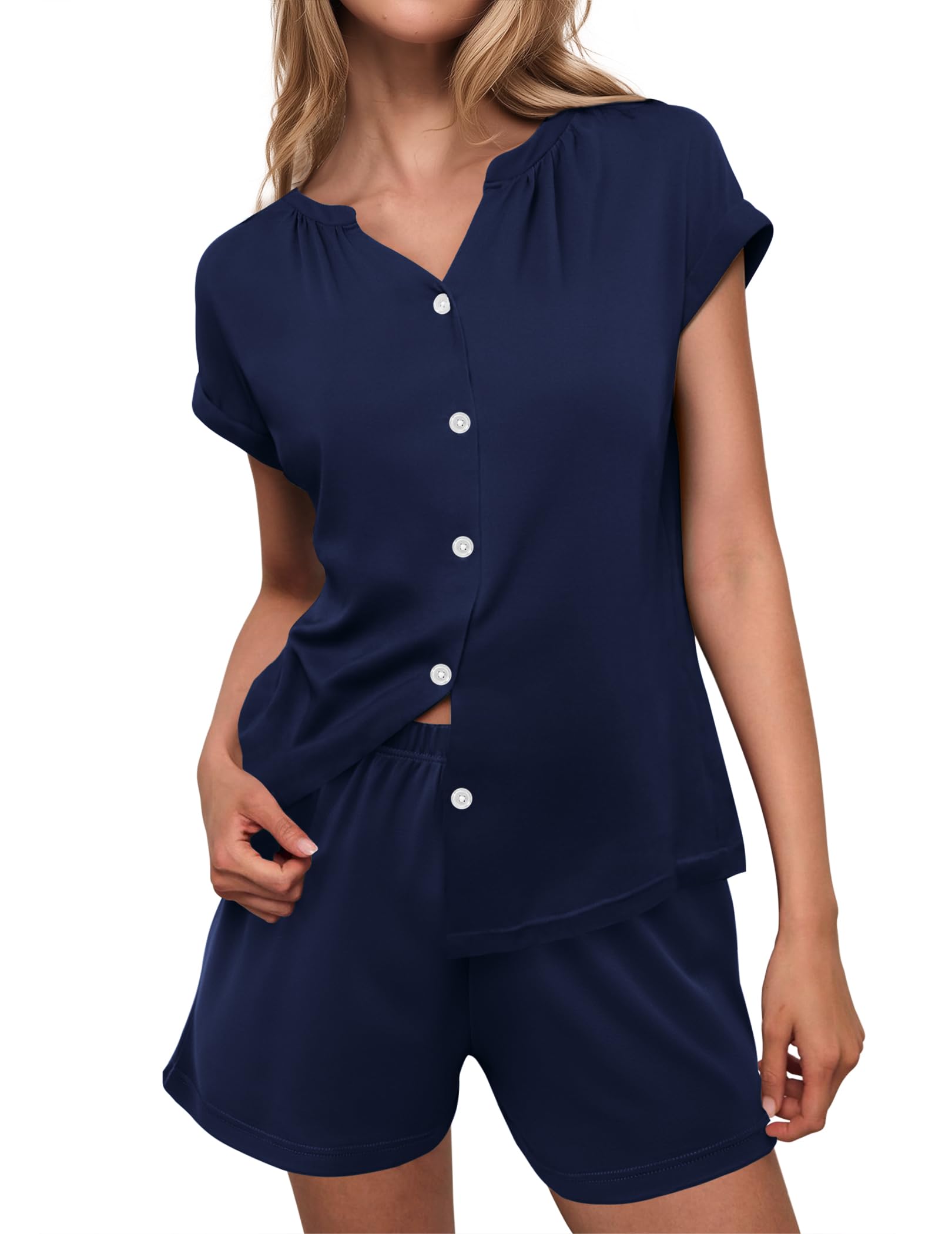 Ekouaer Pajamas for Women Set Button Up Pj Sets Soft V Neck Short Sleeve Sleepwear 2 Piece Loungewear