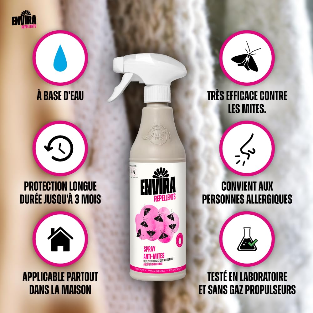 Envira Spray Anti-Mites - Anti-Mites à Action Longue Durée - anti mites alimentaires - sans Odeur & A Base d'eau - 2 L