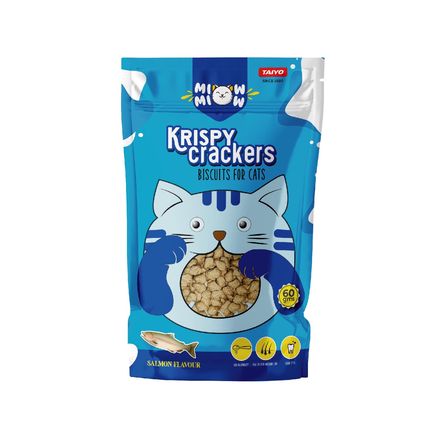 Krispy Crackers Crunchy Cat Treats, 60g – Salmon Flavour | High-Protein Biscuits with Fiber, Vitamins & Minerals | Healthy Cat Snack for All Life Stages