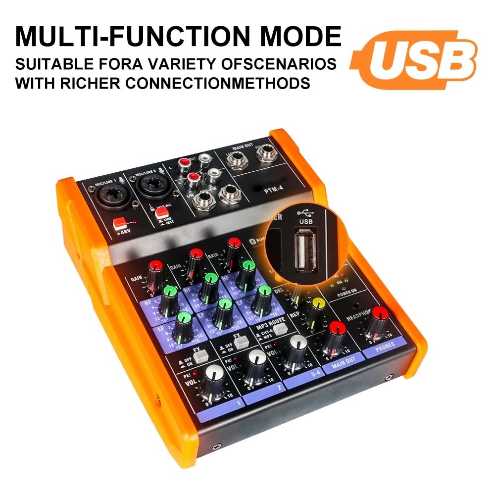 PTM-4 Mixer Audio Mixer Console DJ con scheda audio USB 48V Phantom Power per PC Registrazione Canto Webcast Party