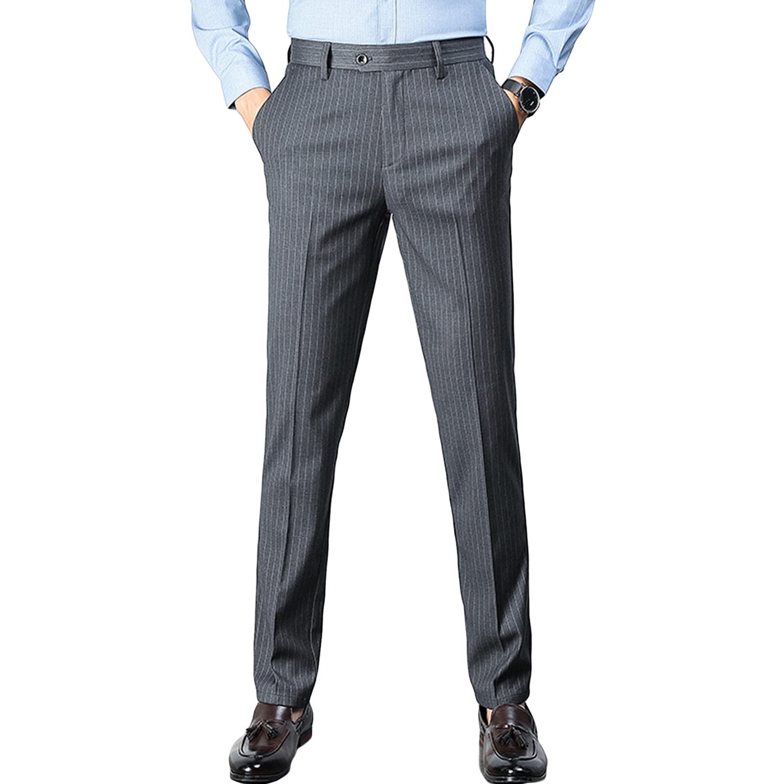 Maiyifu-GJ Mens Slim Striped Casual Tapered Pant Pinstripe Wrinkle Resistant Suit Pant Lightweight Business Dress Trousers