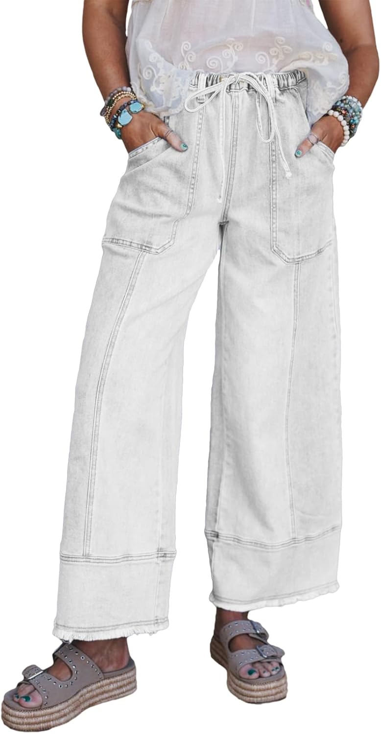 SHEWIN Women’s Wide Leg Jeans High Waisted Baggy Jeans Stretchy Drawstring Denim Pants