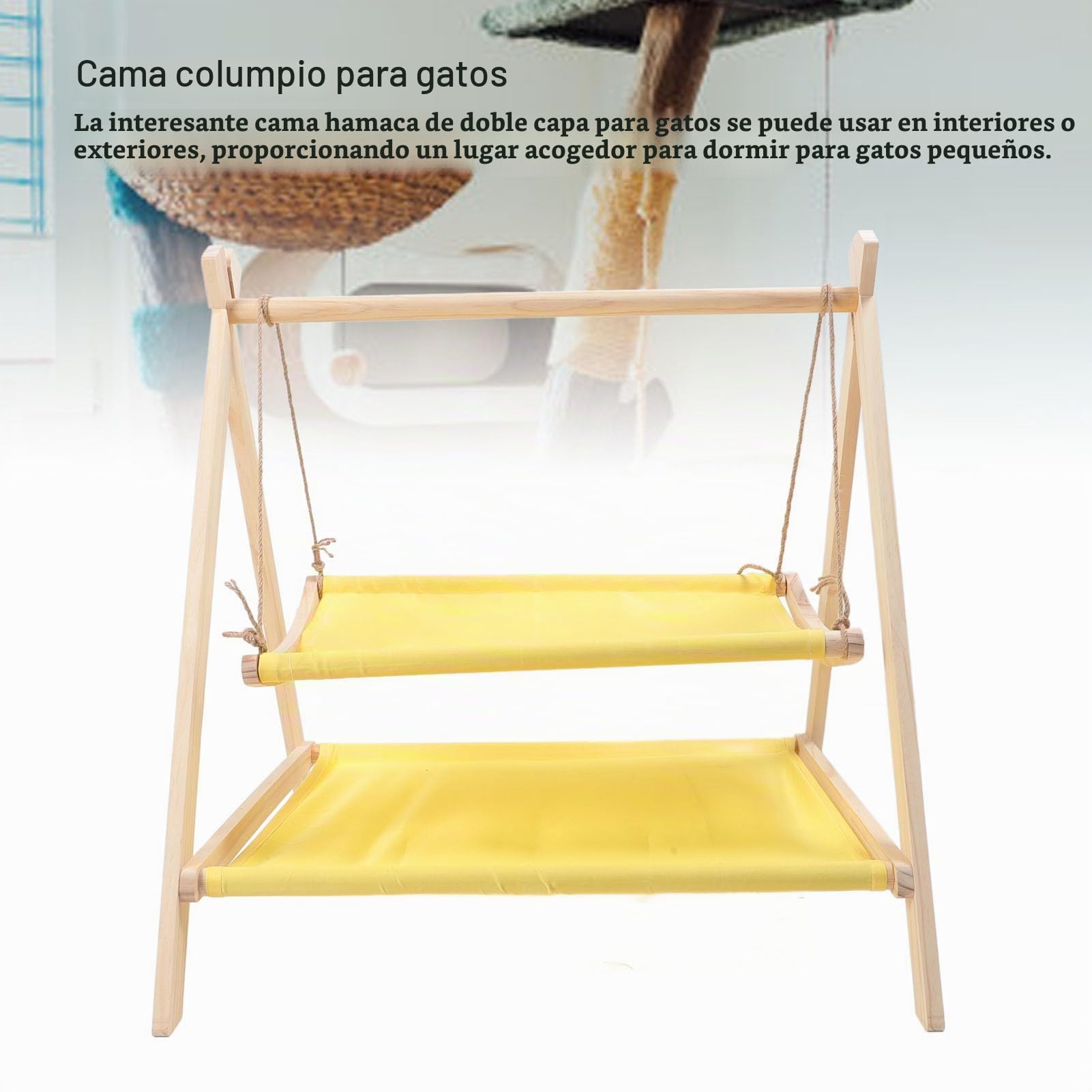 Cama Hamaca con Columpio para Gatos, Cama Elevada para Gatos de 2 Capas con Marco de Madera, Soporte de Carga Fuerte, Resistente a los Arañazos, Juguetes de Columpio para