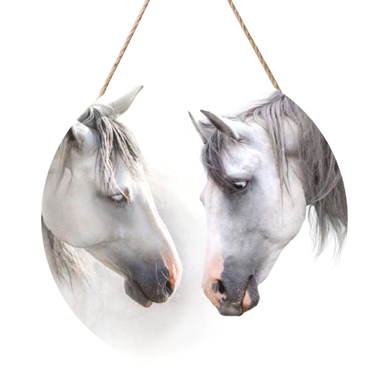 InOmak White Horses, Round Wood Panel Painting 12 in, Wall Hanging Painting For Home